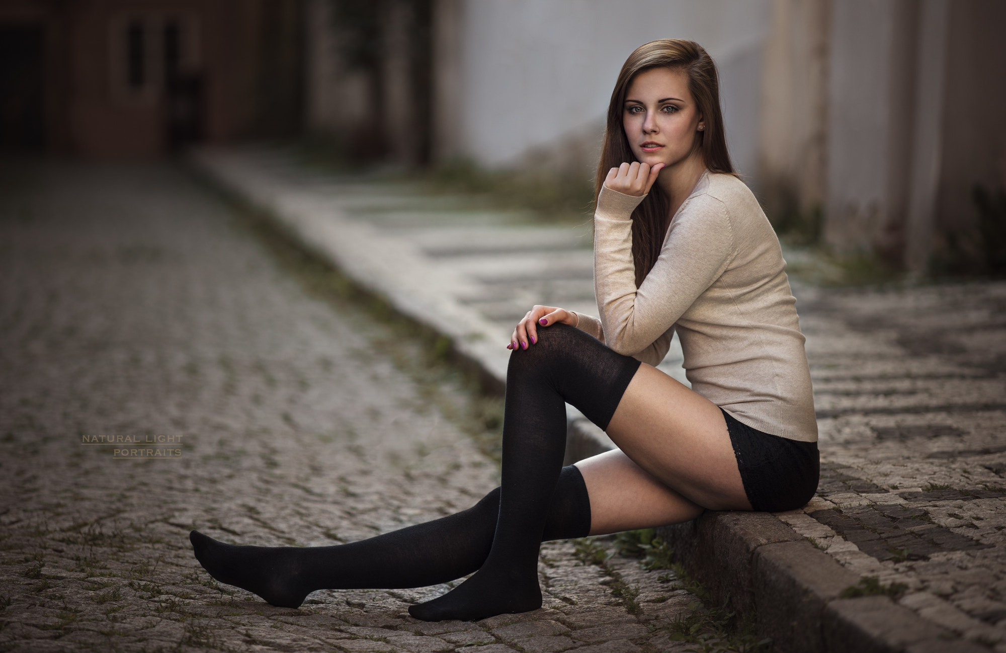 Women Model Brunette Looking At Viewer Thigh Highs Knee Highs Depth Of Field Street Pavements 2000x1298