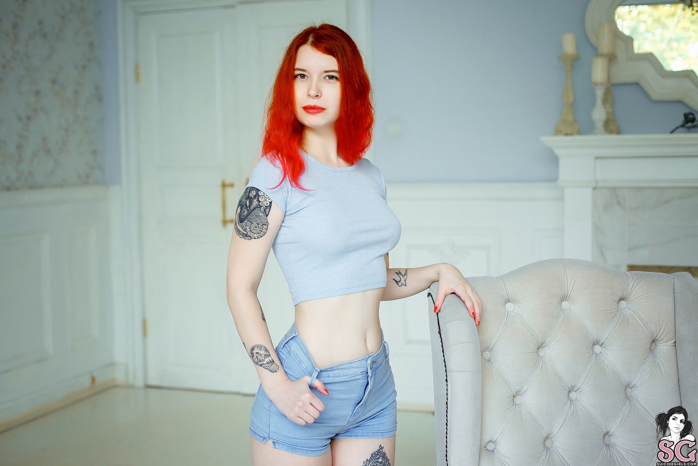 Women Bedroom Redhead Tattoo Long Hair Blouse Jeans Armchairs Door 2432x1622