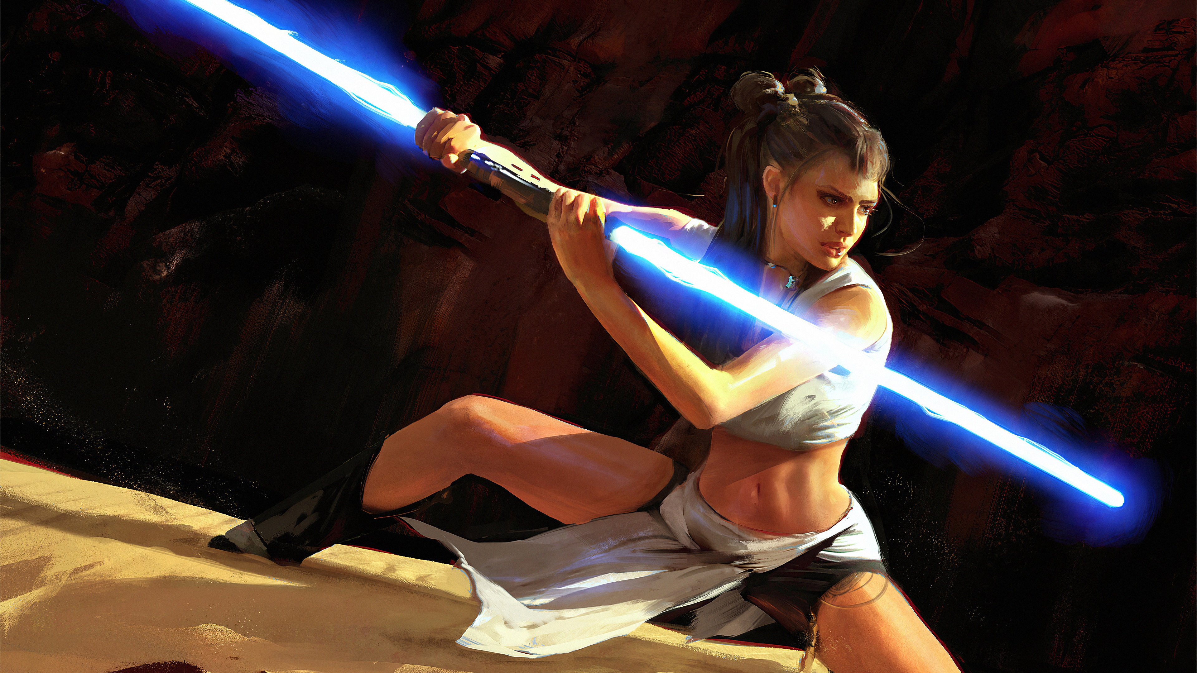 Digital Women Sword Science Fiction Warrior Fantasy Girl Concept Art Wojtek Fus Lightsaber Star Wars 3840x2160