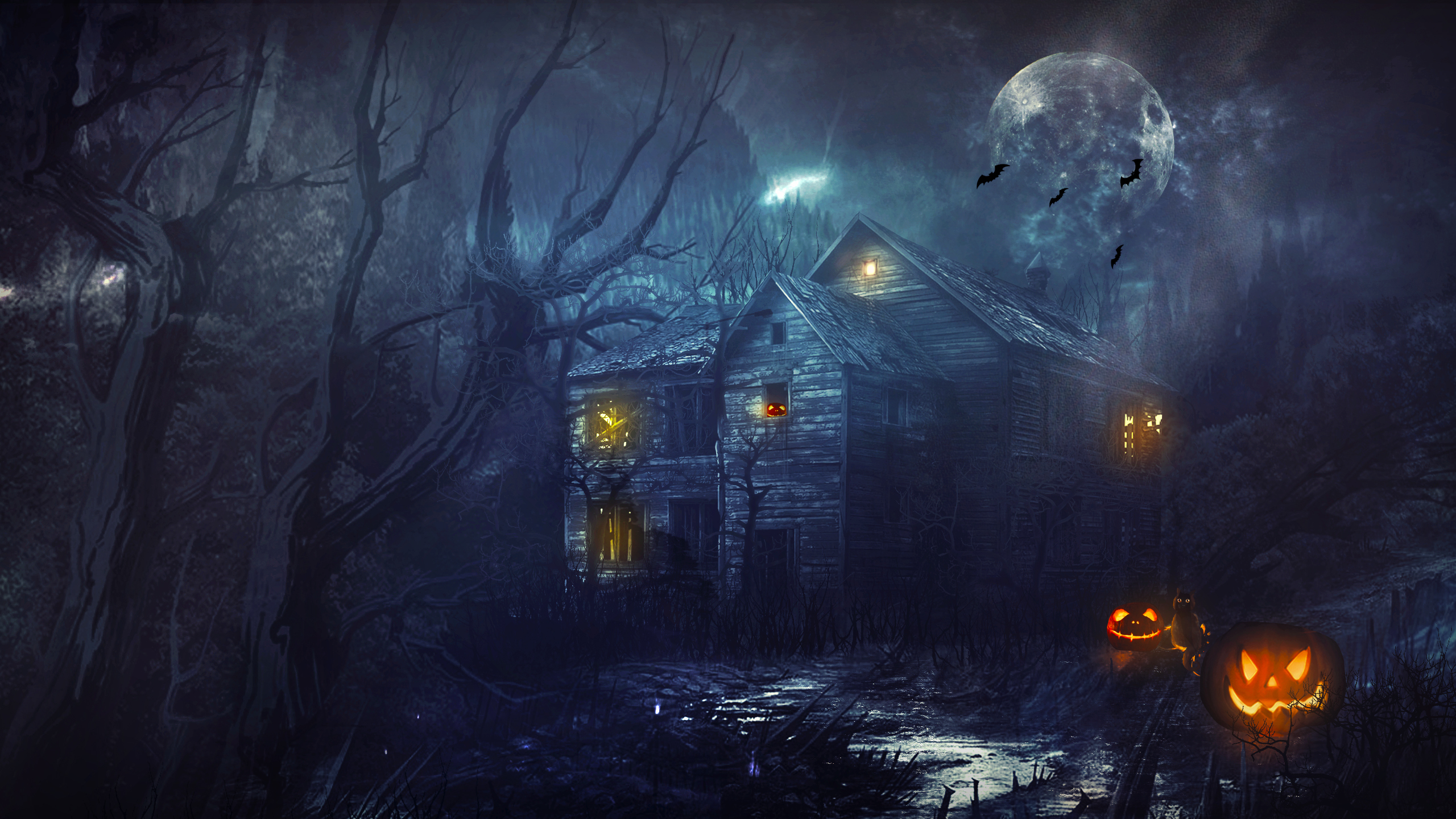 House Spooky Mist Trees Moon Halloween Bats Pumpkin Faded Rain Heavy Rain 2560x1440