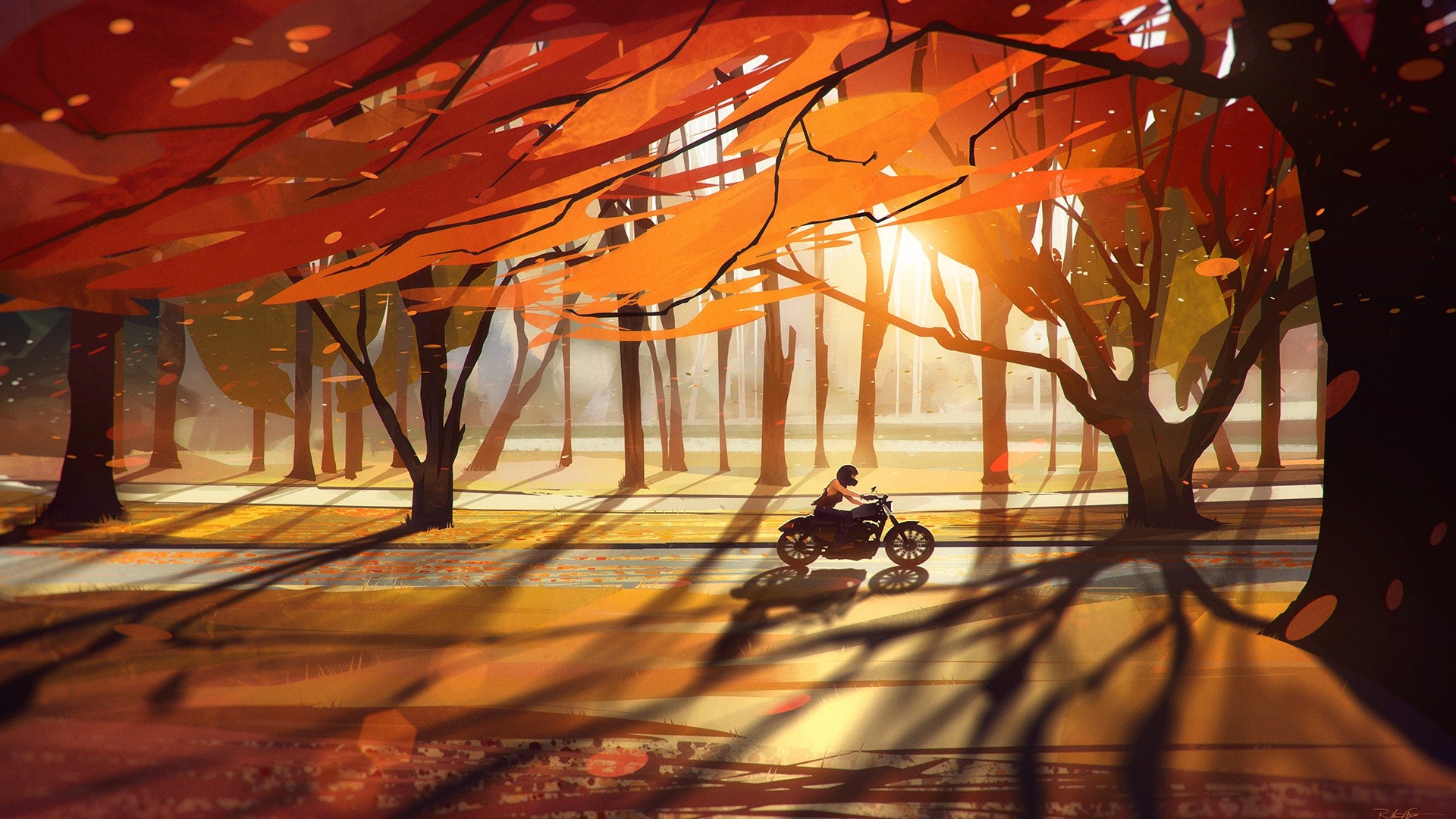 Heavy Bike Nature Sunset Road Artwork Fall Motorcycle Trees Vehicle 1920x1080