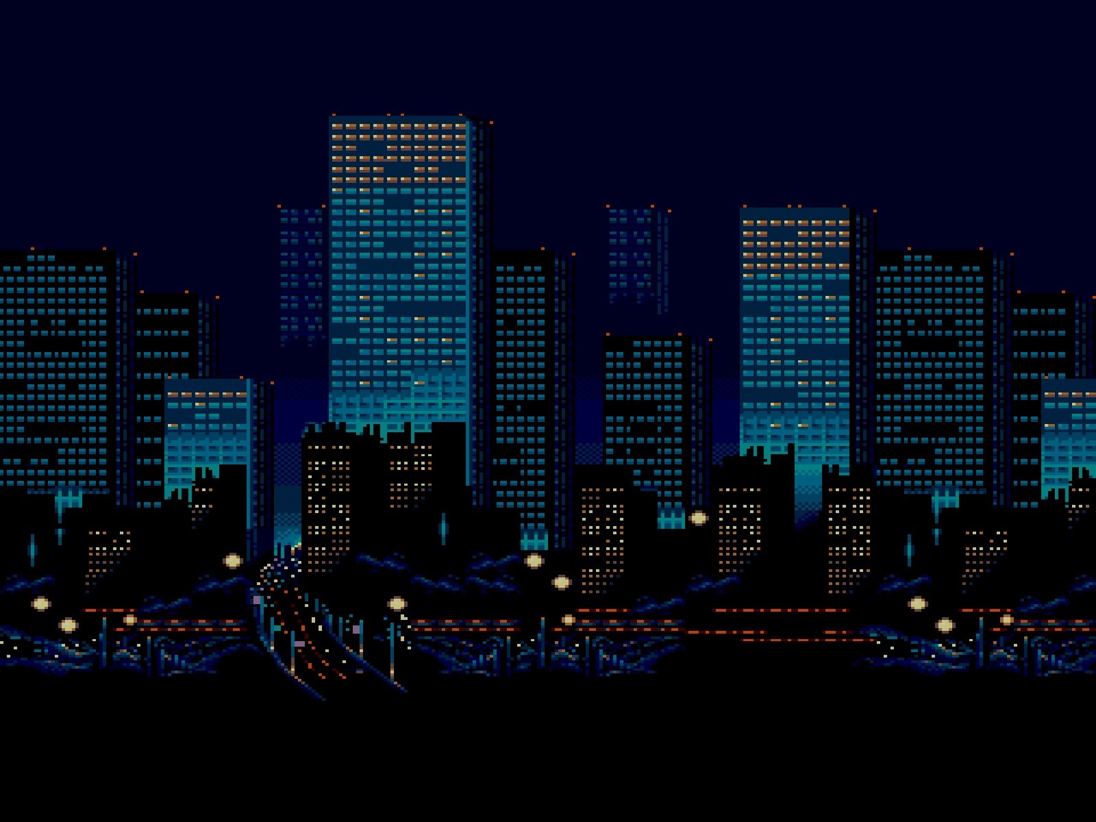Minimalism Digital Art Pixels Pixel Art Cityscape Skyscraper Building Night Lights 3D Road Blue Back 1600x1200