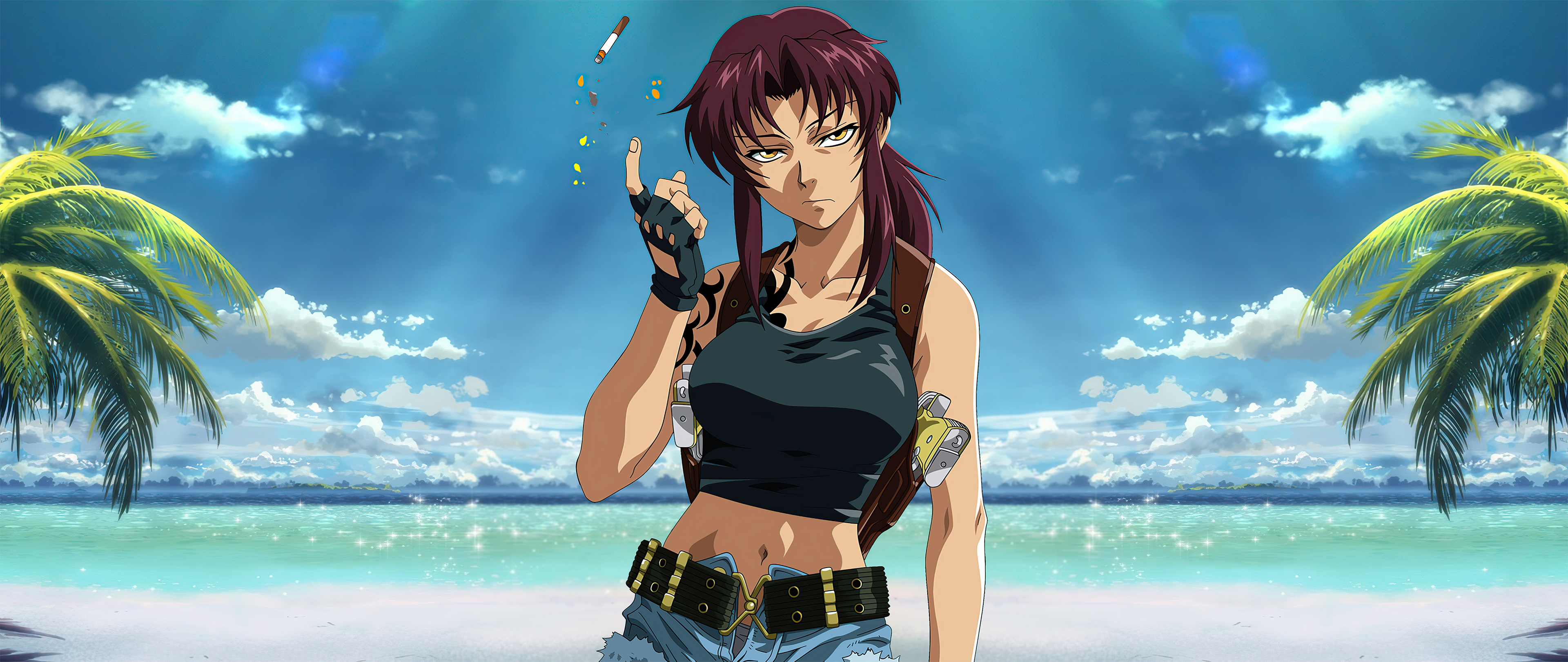 Black Lagoon Revy Beach Women Cigarettes Pistol Tattoo Anime 3840x1620
