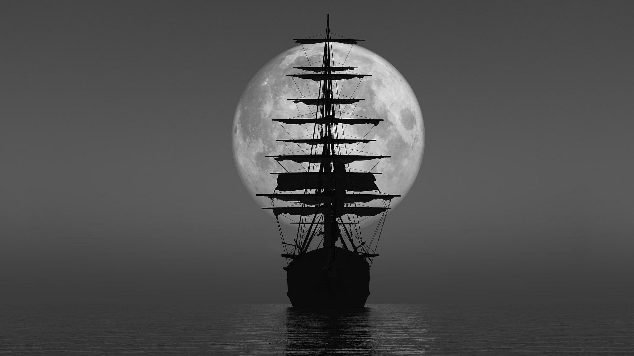 Moon Phases Sea Ship Silhouette Monochrome Vehicle Moon Sailing Ship 2560x1440