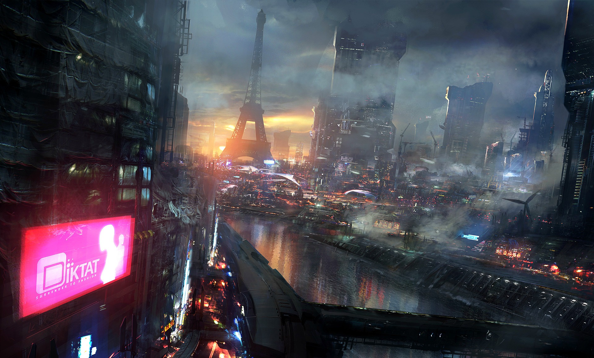 Paris France City Eiffel Tower Cyberpunk 1920x1159