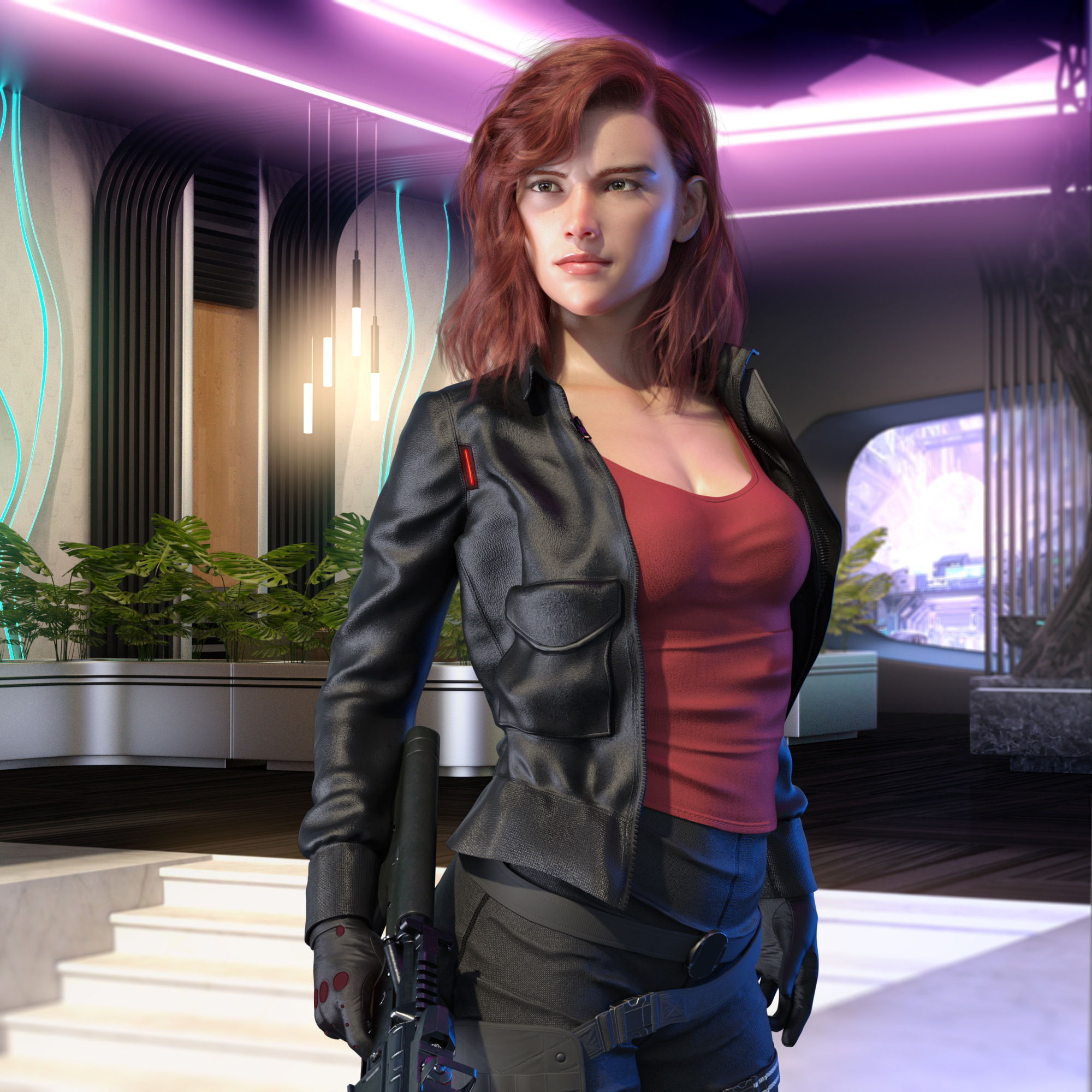 Elite Dangerous E D PC Gaming Video Game Girls Redhead Kev Art Gun Jacket Tank Top 2000x2000
