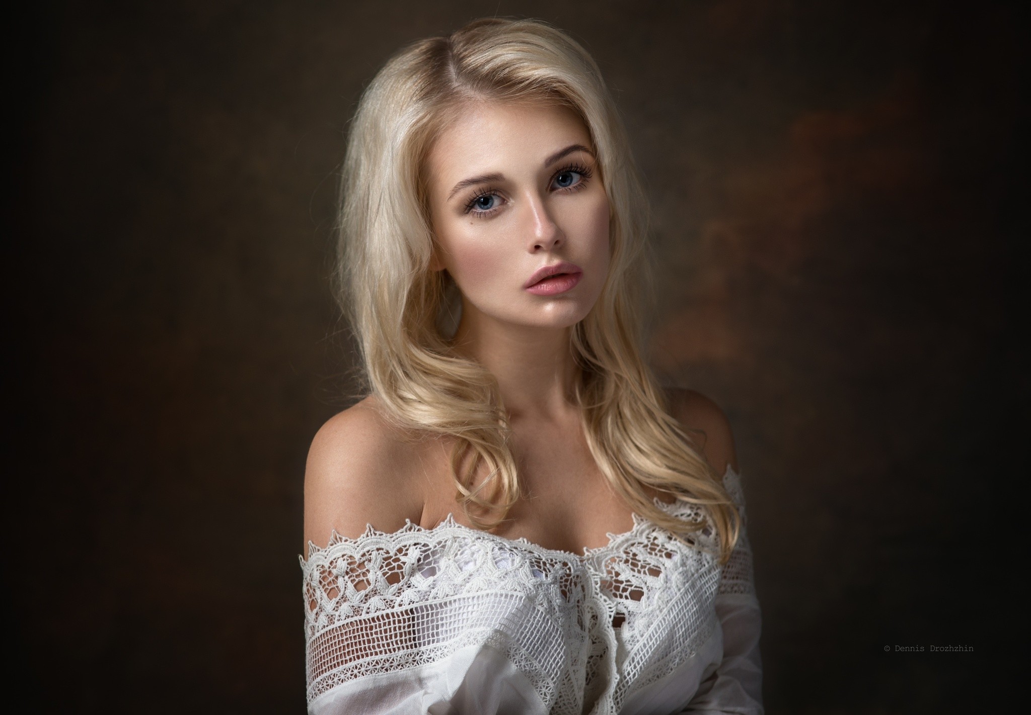 Women Blonde Portrait Face Dennis Drozhzhin Model Christina Bare Shoulders Gray Eyes Golden Hair Lac 2048x1422