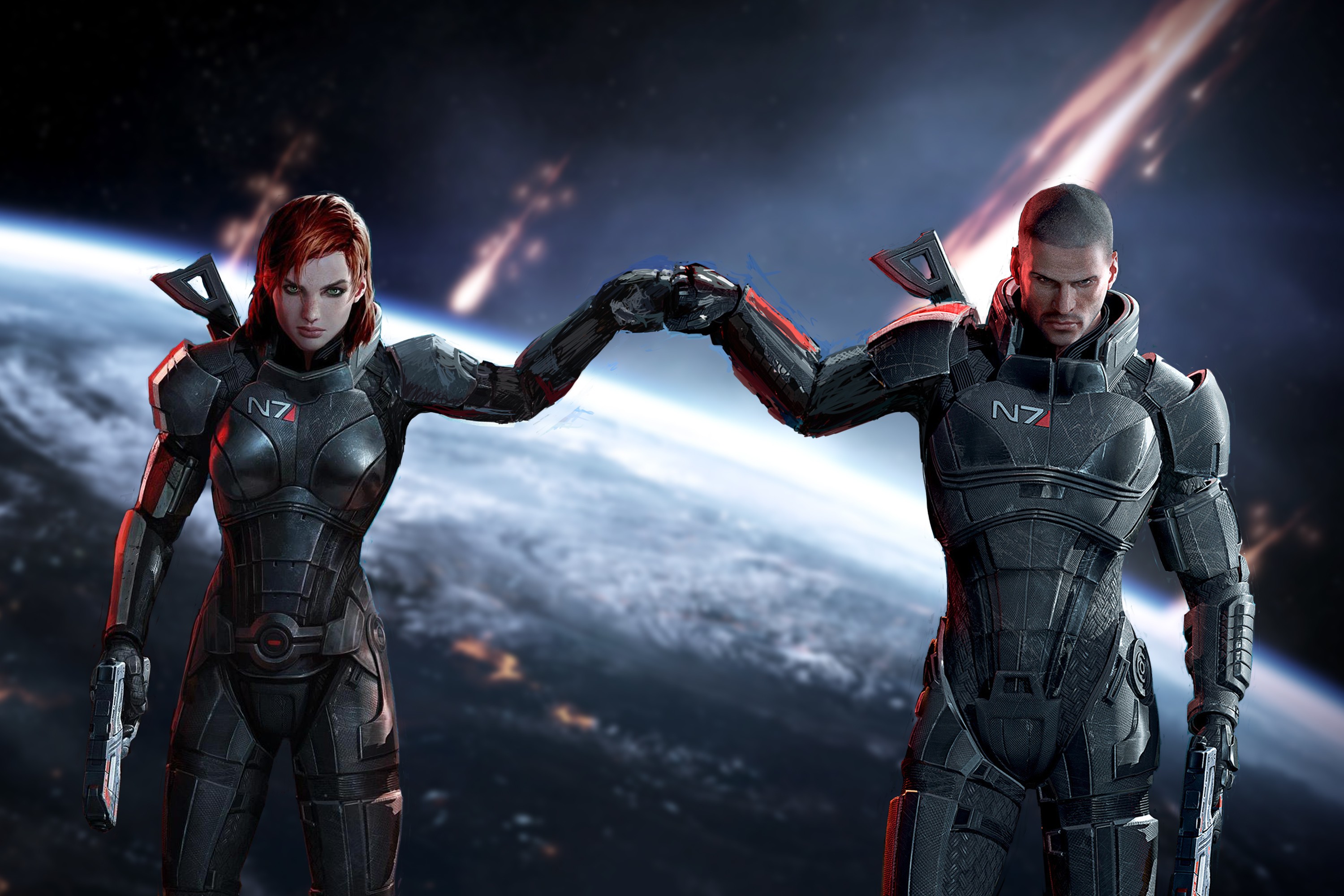 Mass Effect 3 Commander Shepard Gun N 7 Earth Armor Redhead Girls With Guns Jane Shepard John Shepar 3000x2000