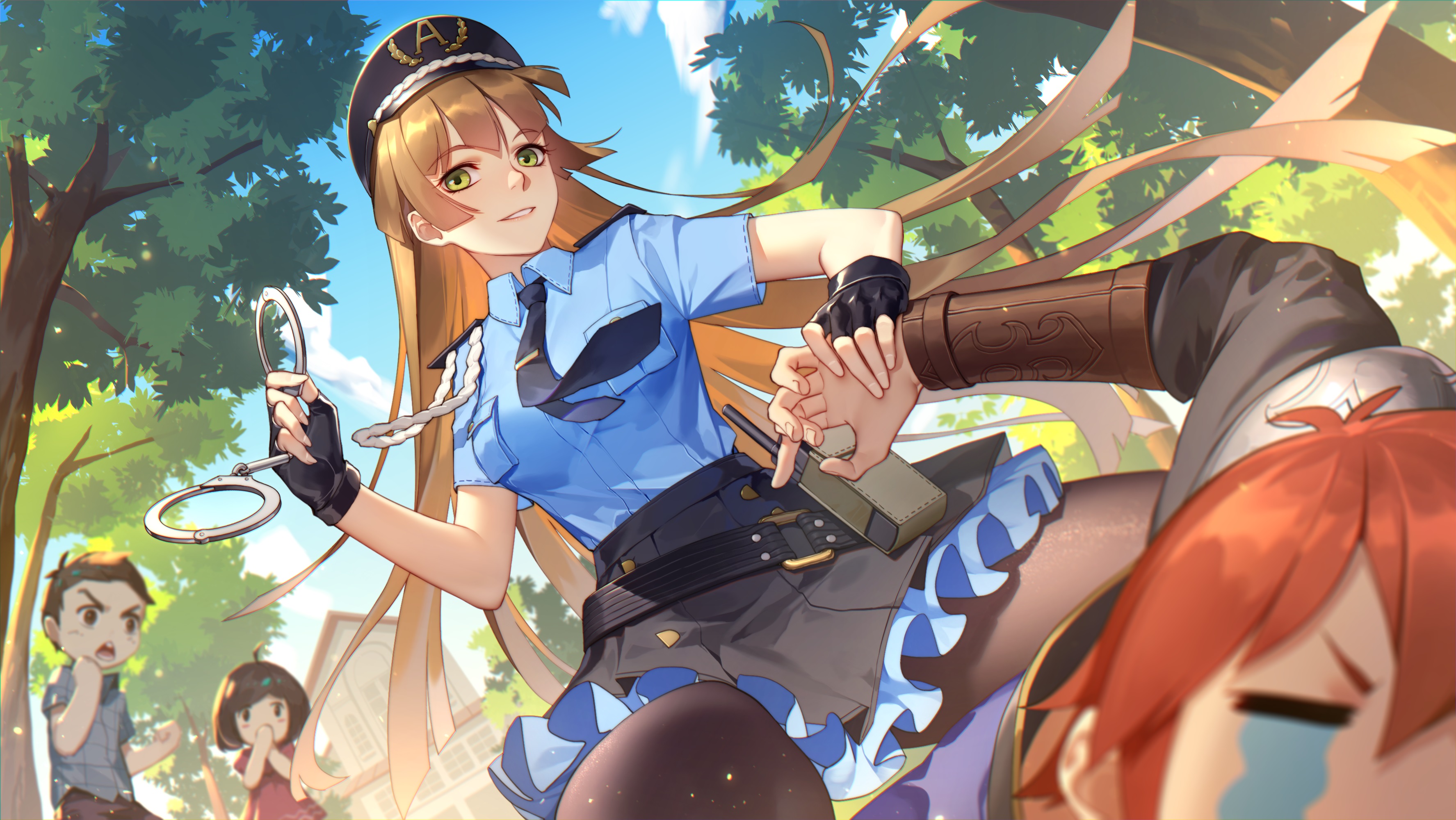 Anime Girls Original Characters Police Women Berets Green Eyes Smiling Blonde Long Hair Uniform Tie  3550x2000