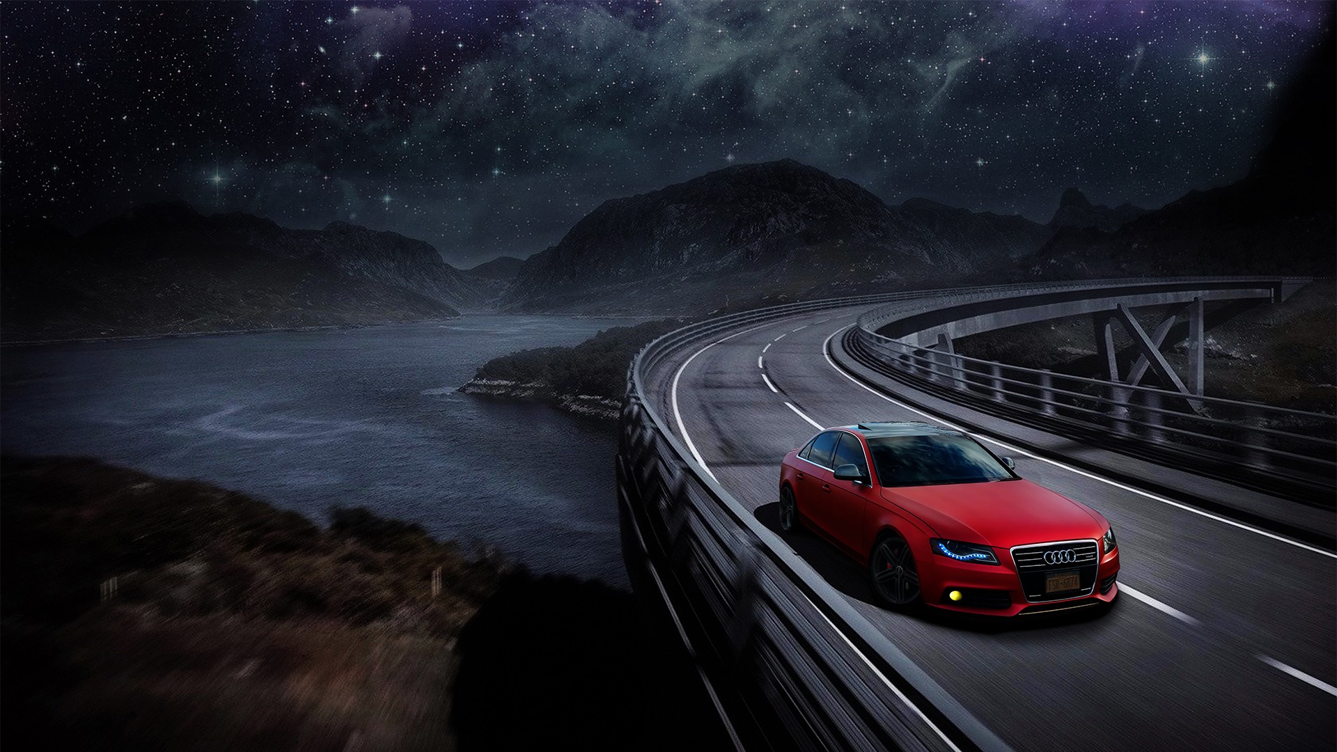 Audi Audi A4 Audi B8 Red Cars Car Mountains Starry Night Road Sports Car Matte Paint Space Nebula Wa 1920x1080