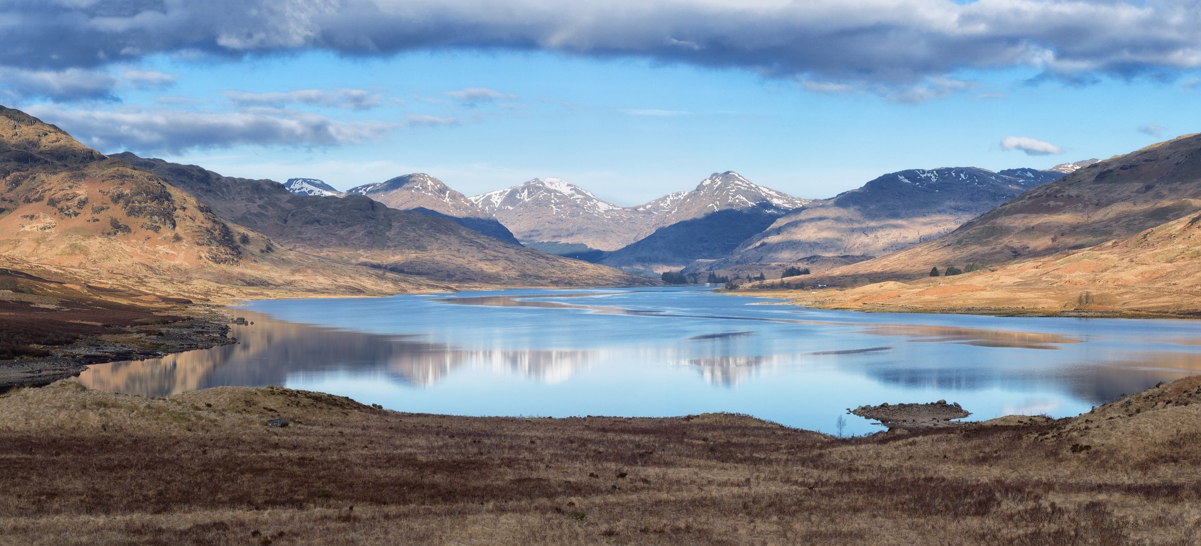 Mountains Nature Lake Dry Grass Fall Snowy Peak 2374x1080