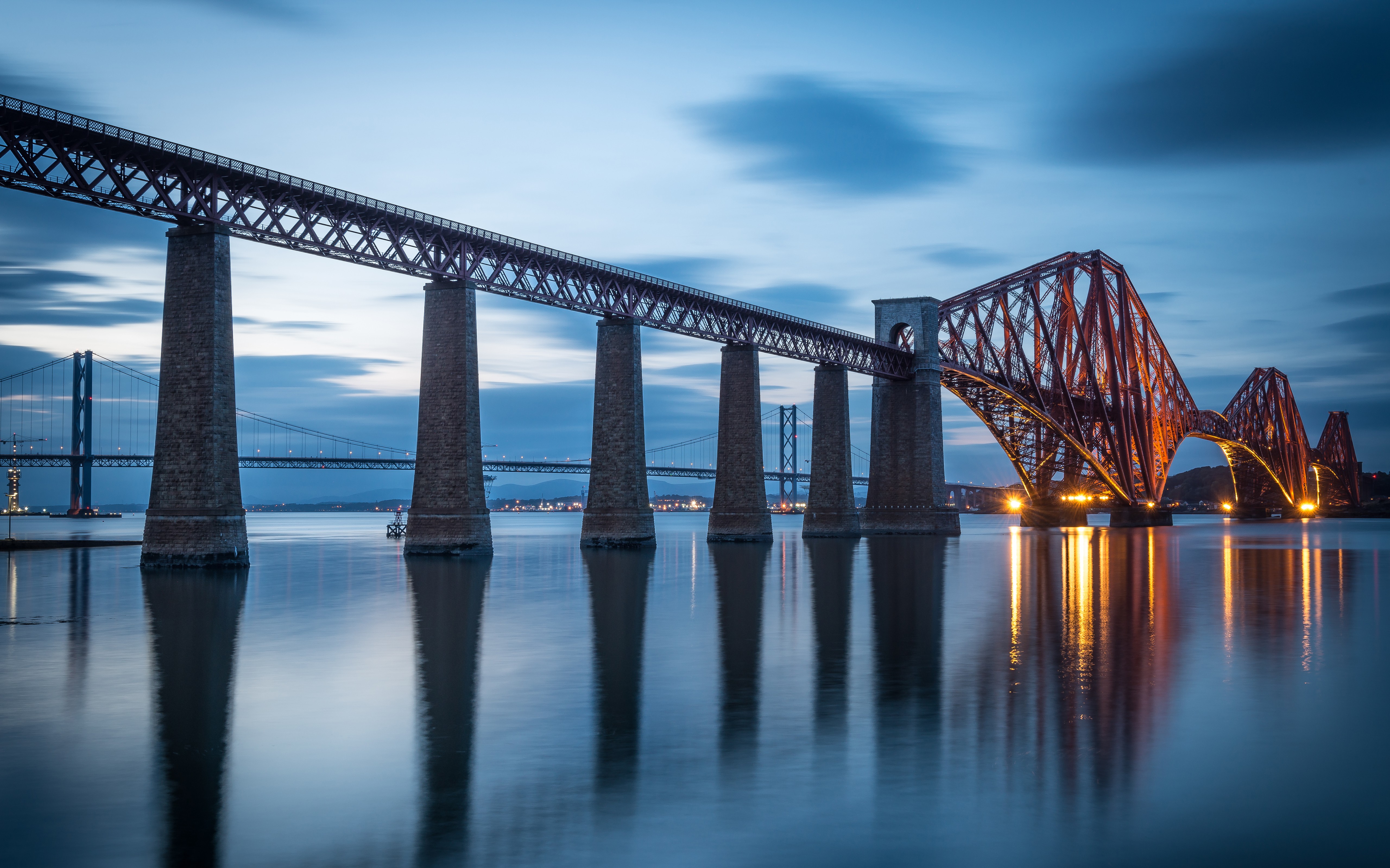 Forth Bridge Scotland Evening Lights Landscape Reflection 5120x3200