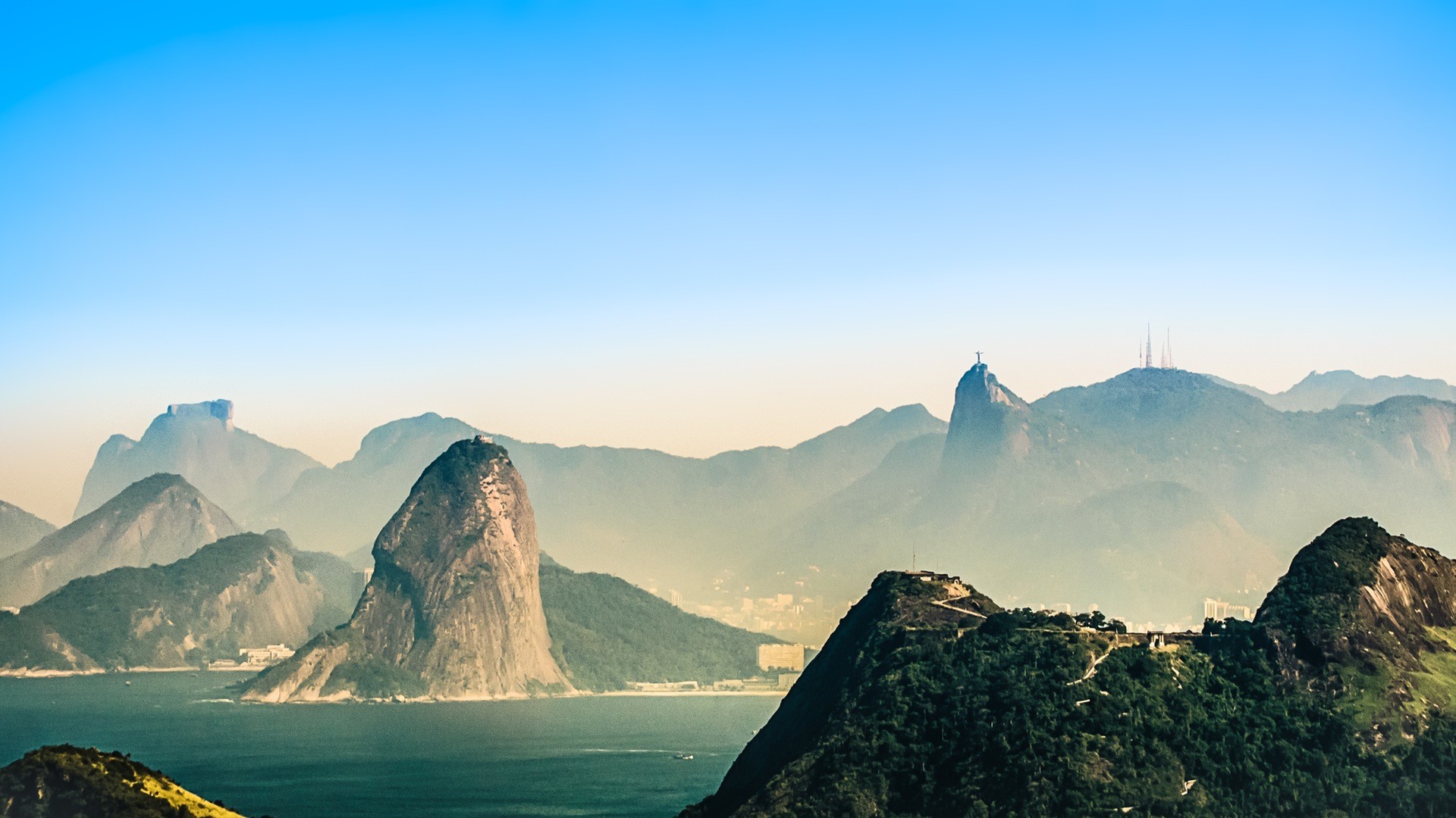 Nature Landscape Rio De Janeiro Brasil Mountains Cliff Sea Mist Christ The Redeemer Clear Sky Statue 1920x1080