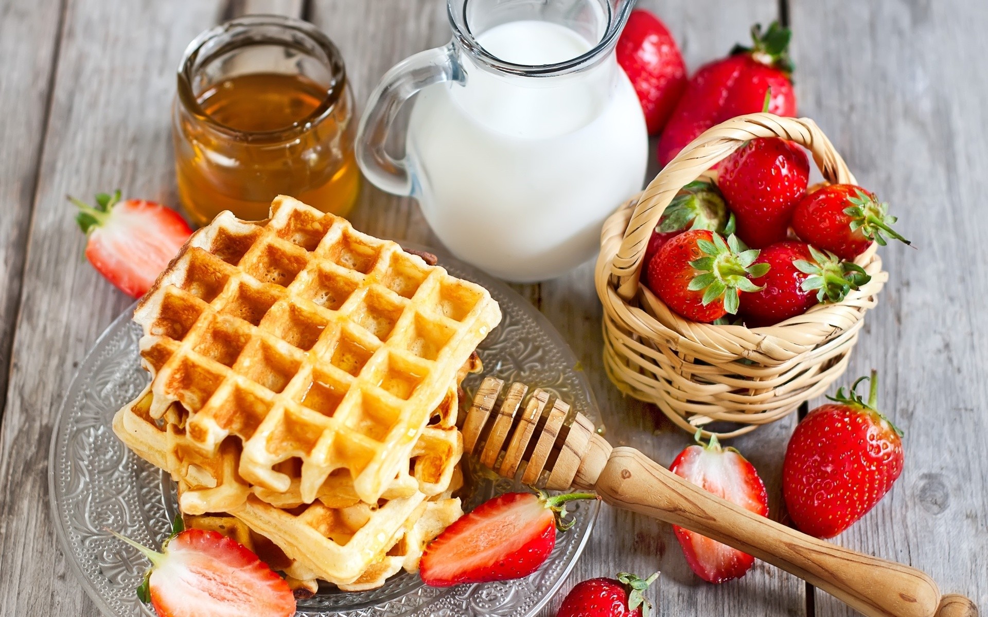 Food Colorful Breakfast Strawberries Fruit Honey Milk Wooden Surface Waffles 1920x1200