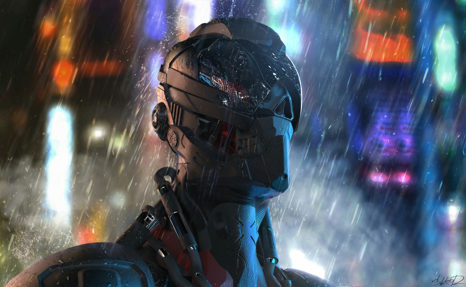 Science Fiction Cyberpunk Cyborg Rain Tony Skeor 1920x1184