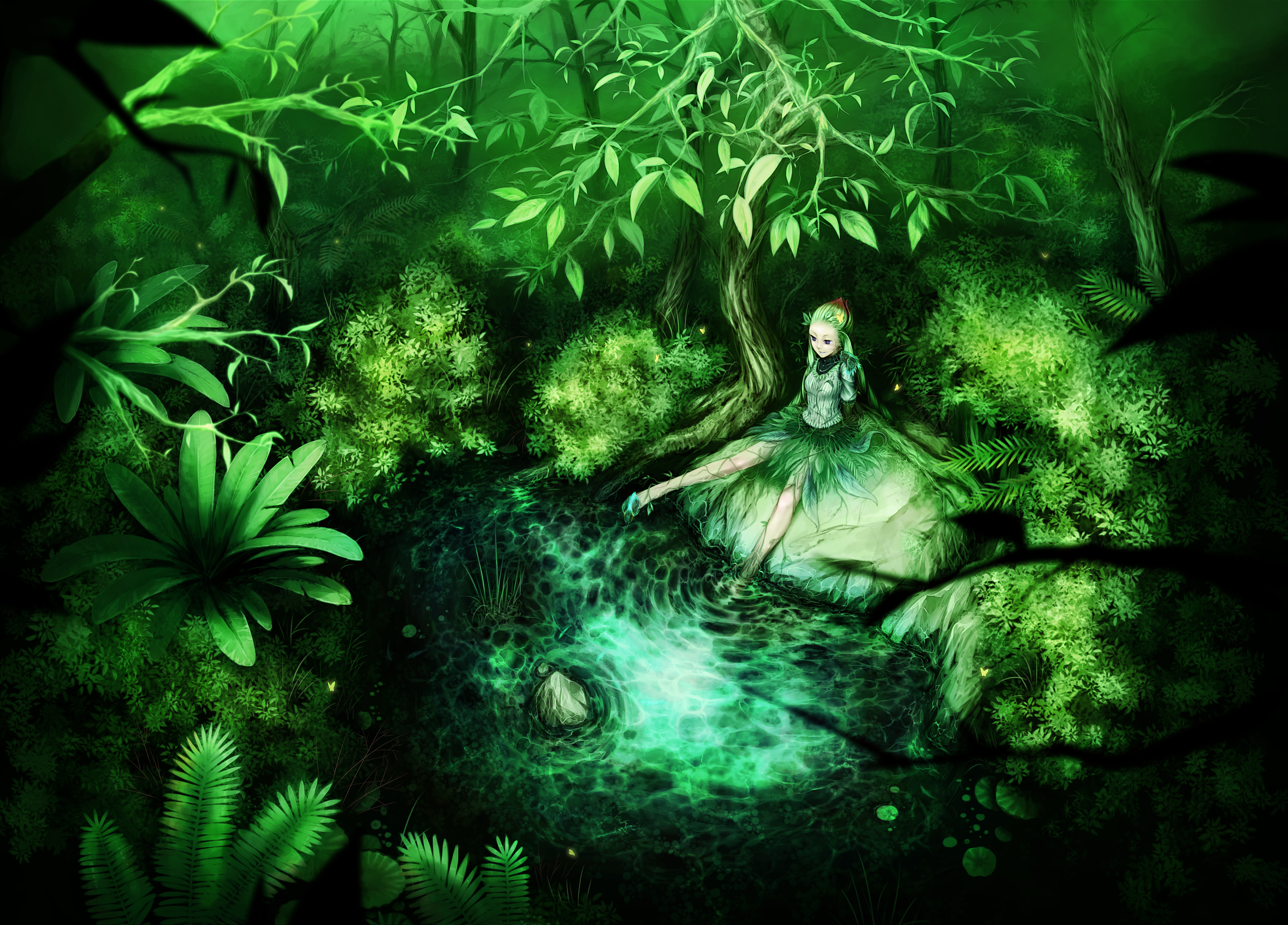 Forest Elf Fairy Green Pond Tree Rock 3450x2478