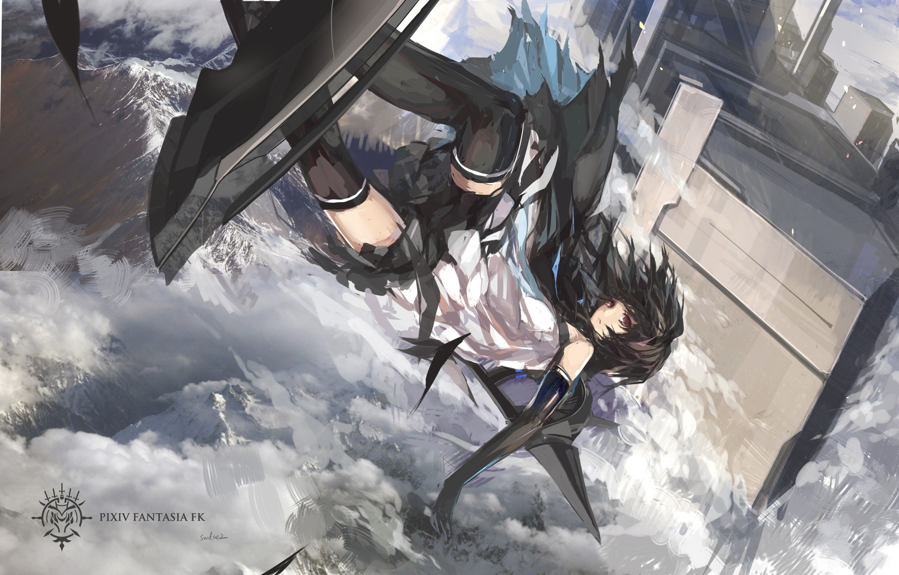 Pixiv Fantasia Swd3e2 Long Hair Skirt Thigh Highs Falling Mountains Clouds Anime Girls Anime Pixiv F 2952x1889