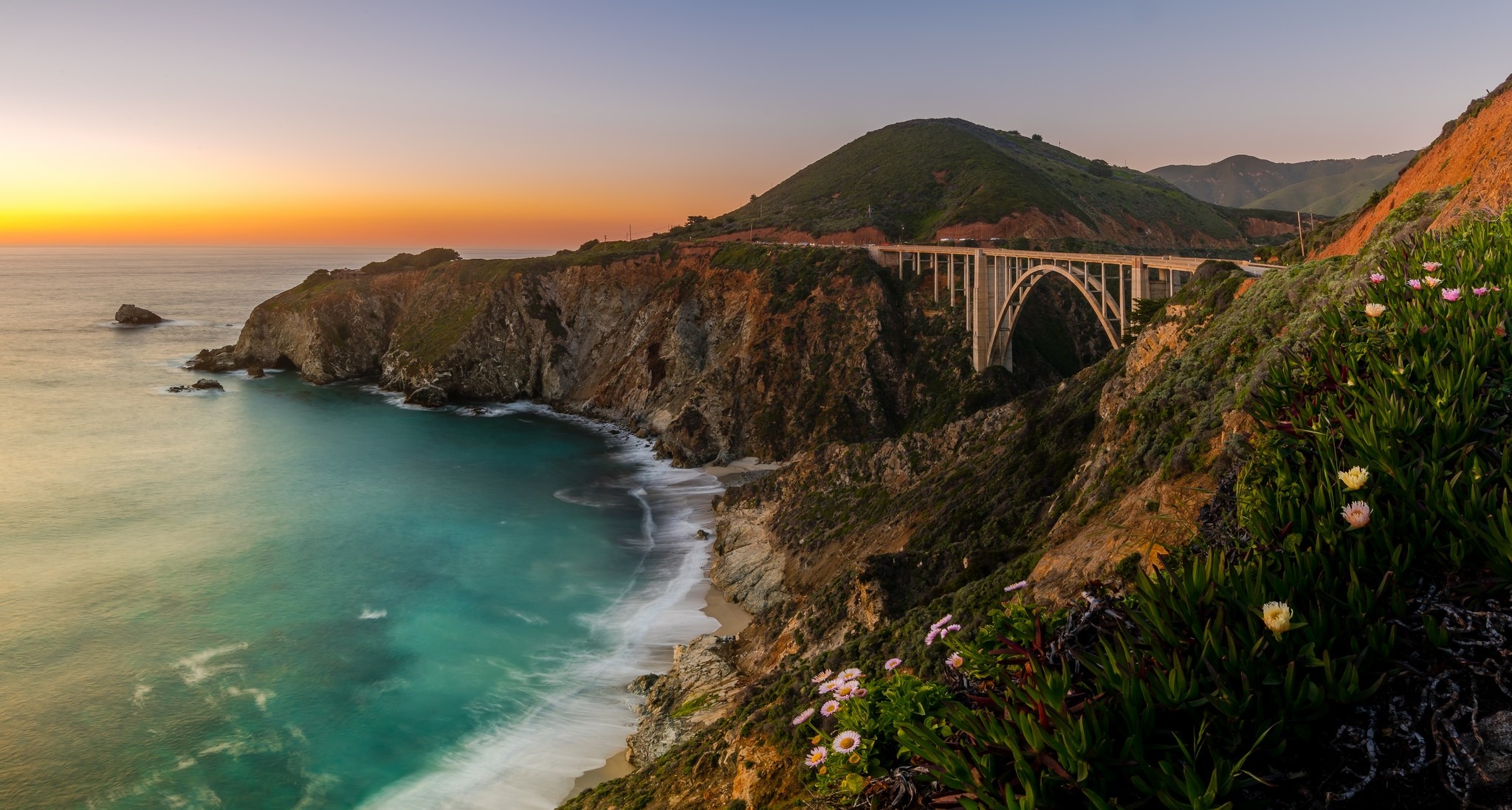 Photography Nature Landscape Sunset Sea Bridge Coast Wildflowers Cliff Hills Beach California 2048x1098