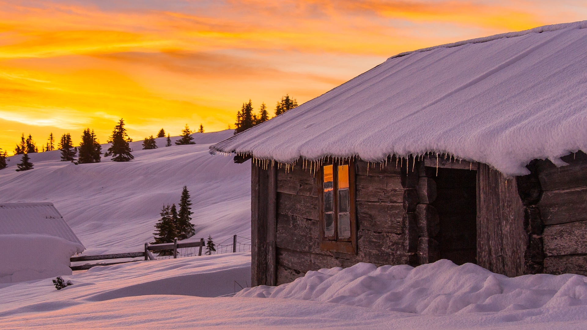 Nature Landscape Cabin House Clouds Winter Snow Trees Sunrise Icicle Fence 1920x1080
