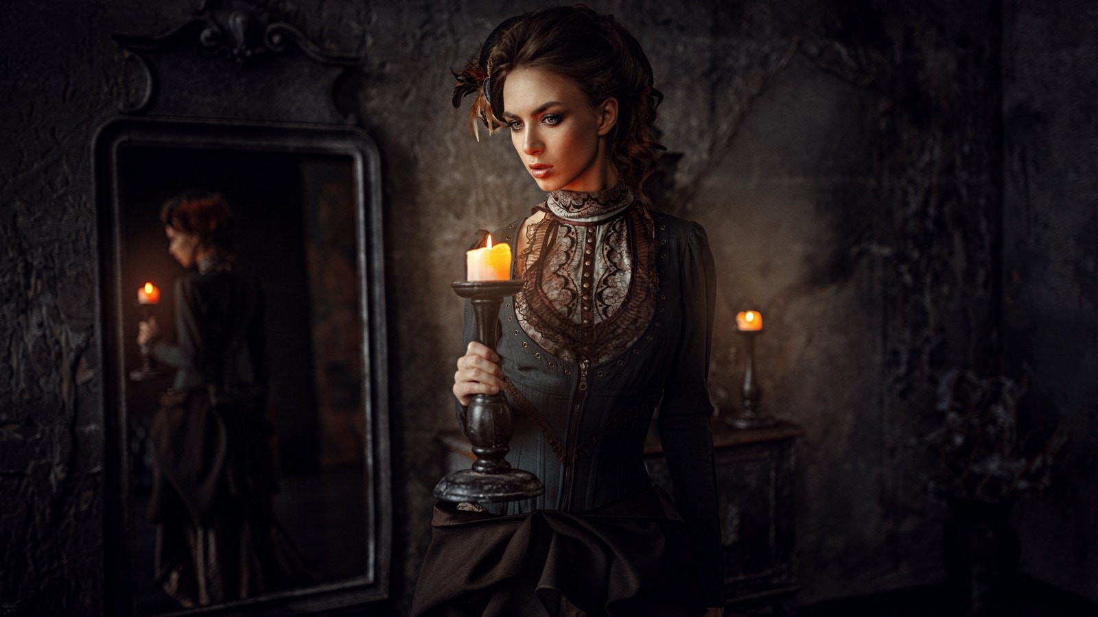 Women Brunette Dress Vintage Candles Mirror Reflection Smoky Eyes Viktoria Vishnevetskaya Victoria V 1600x900
