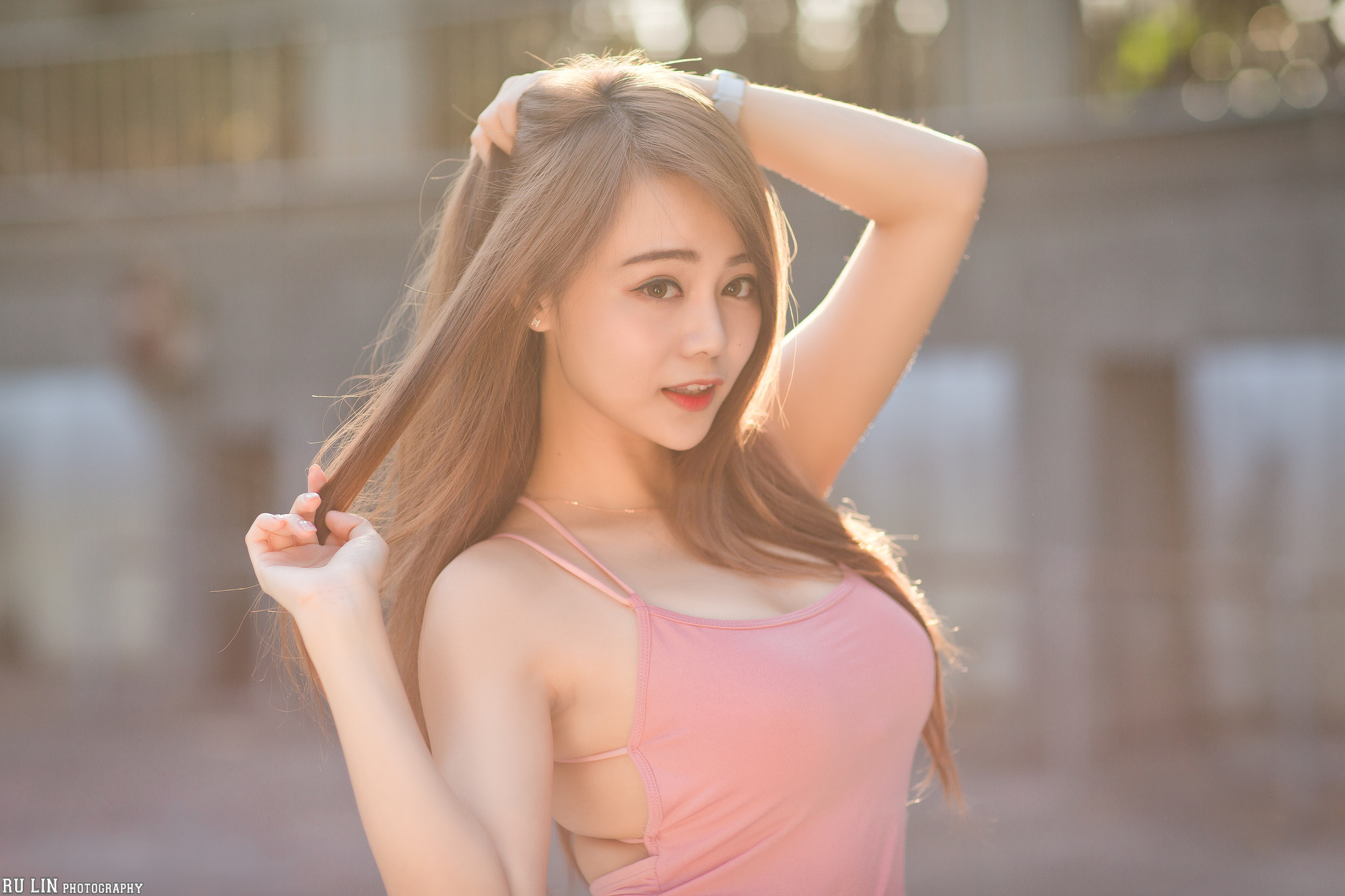 Women Model Brunette Asian Looking At Viewer Portrait Outdoors Tank Top Holding Hair Earring Necklac 2048x1365