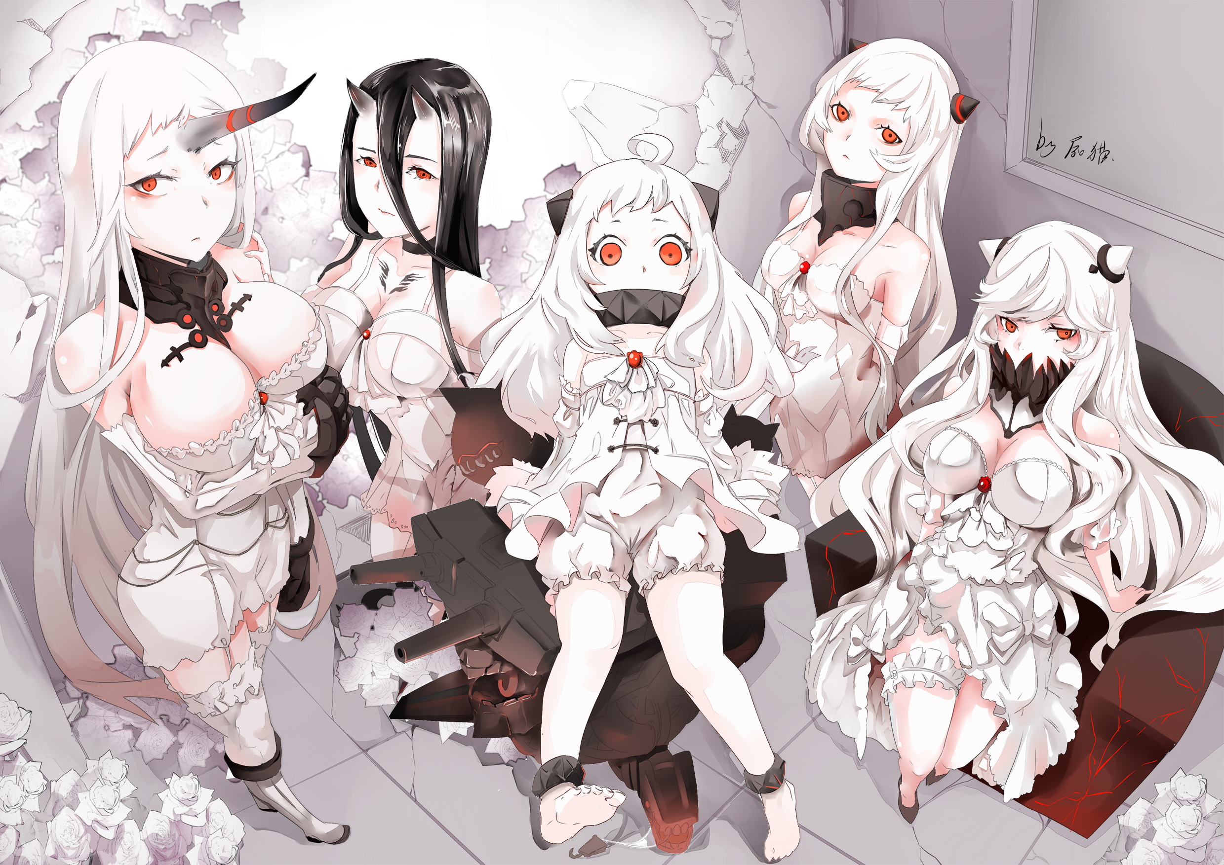 Kantai Collection Midway Hime Airfield Hime Northern Ocean Hime Battleship Symbiotic Hime Long Hair  2479x1753