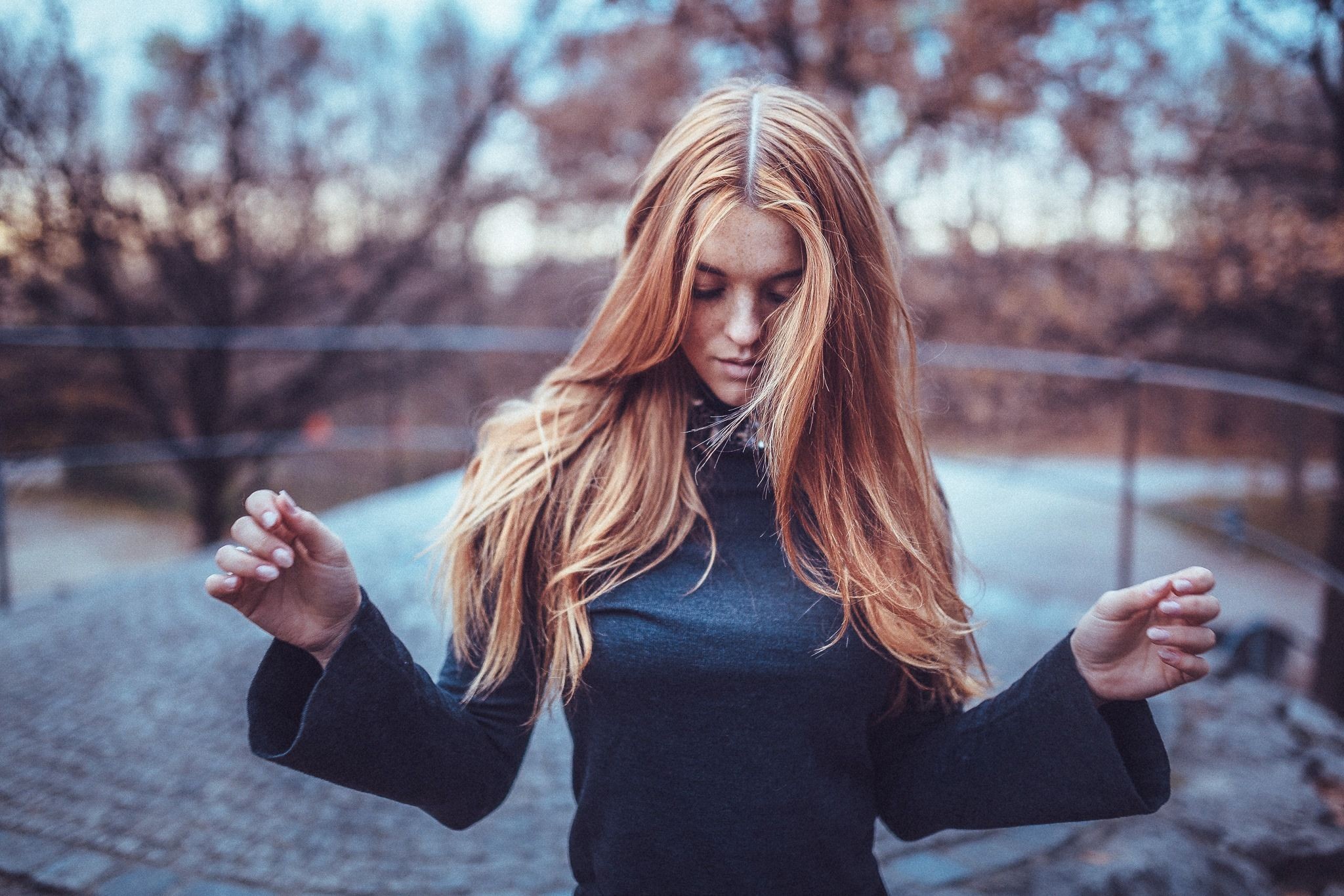 Women Model Lennart Bader Redhead Hair In Face Closed Eyes Women Outdoors 2048x1365