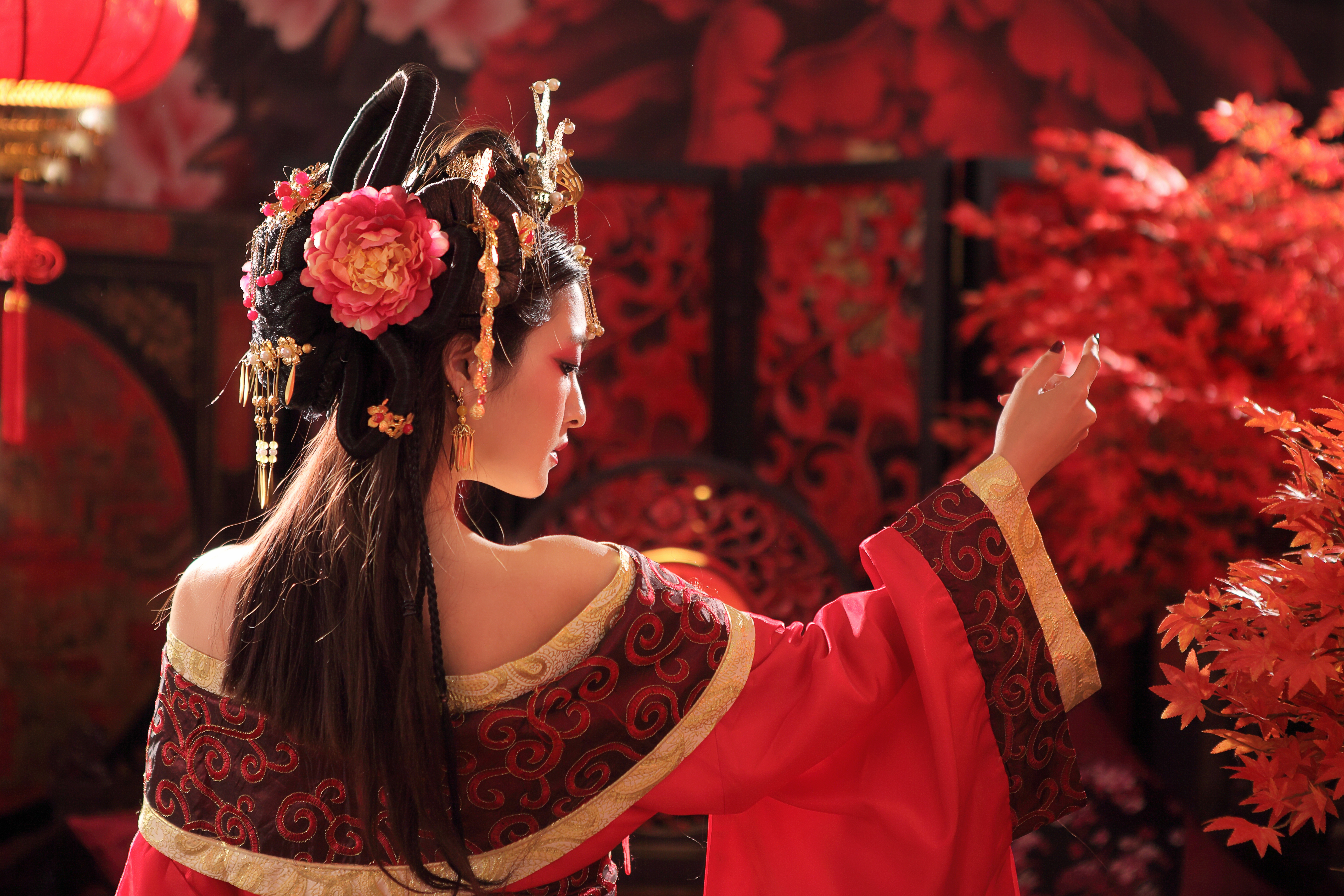 Girl Woman Asian Taiwanese Traditional Costume Hair Dress Bonsai Flower Rear 5616x3744