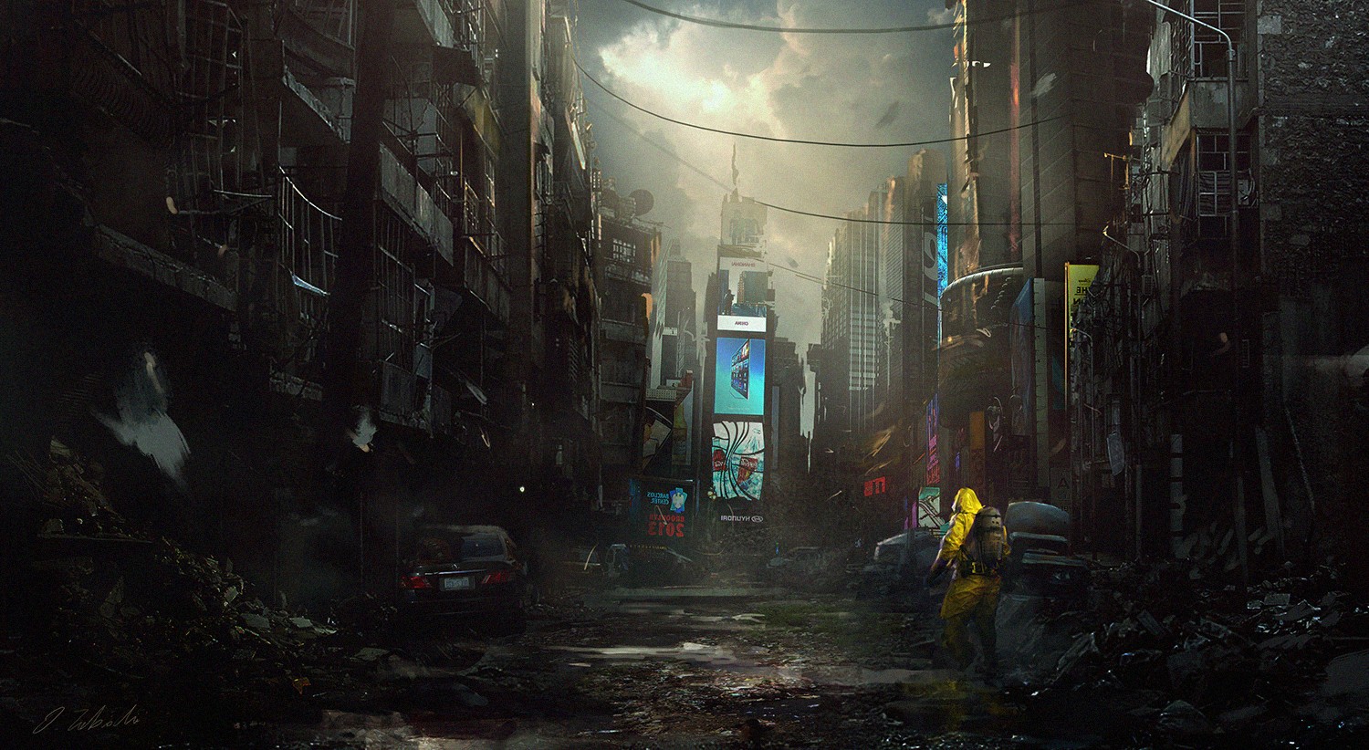 Fantasy Art Apocalyptic Hazmat Suits Billboards Destruction Power Lines Abandoned Futuristic Darek Z 1500x822
