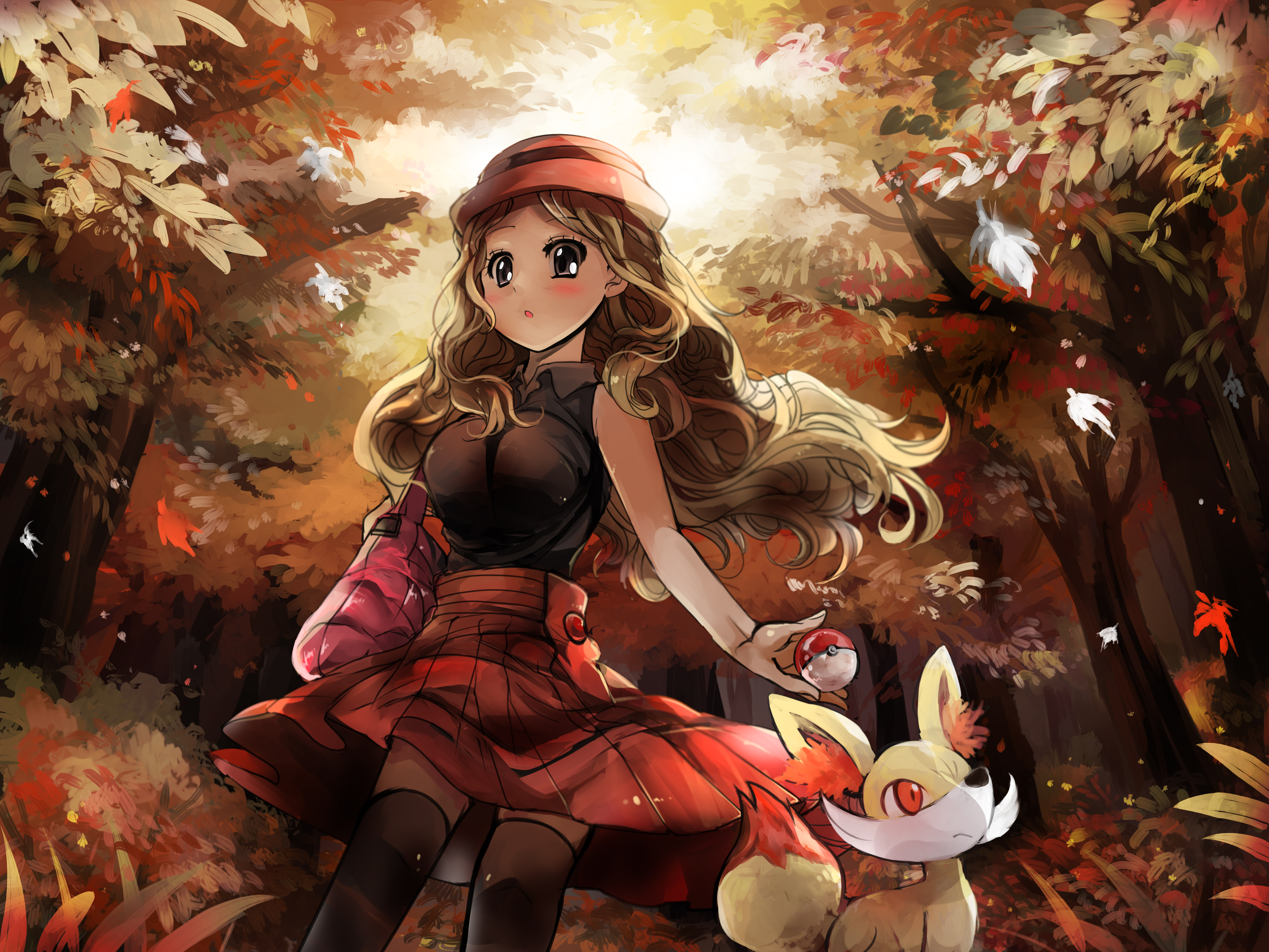 Pokemon Fennekin Pokemon Serena Pokemon Blonde Long Hair Pokeball Hat Skirt Thigh Highs Bag Forest T 5000x3750