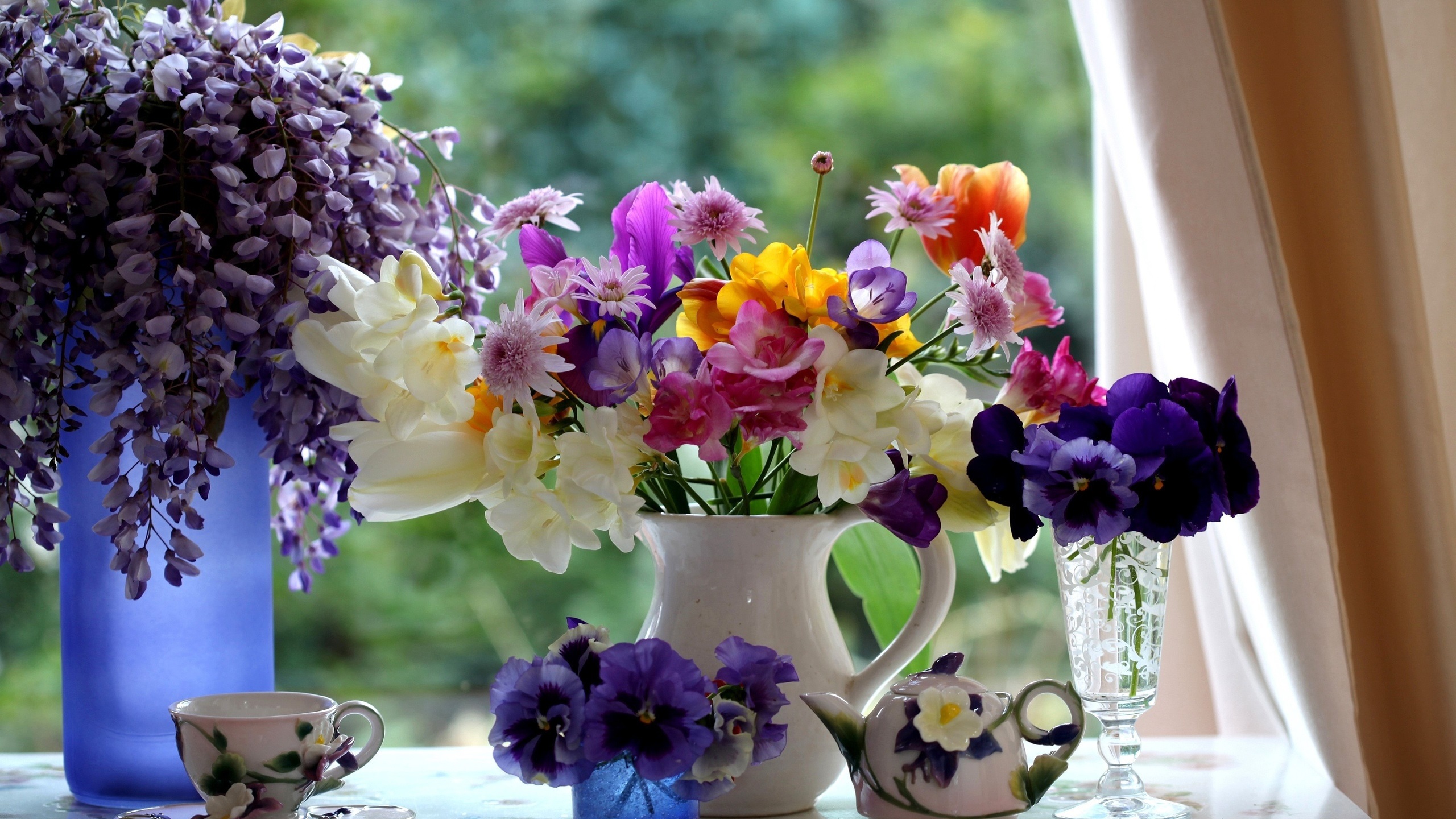 Flowers Vase Cup Tea Pot Curtains Table 2560x1440