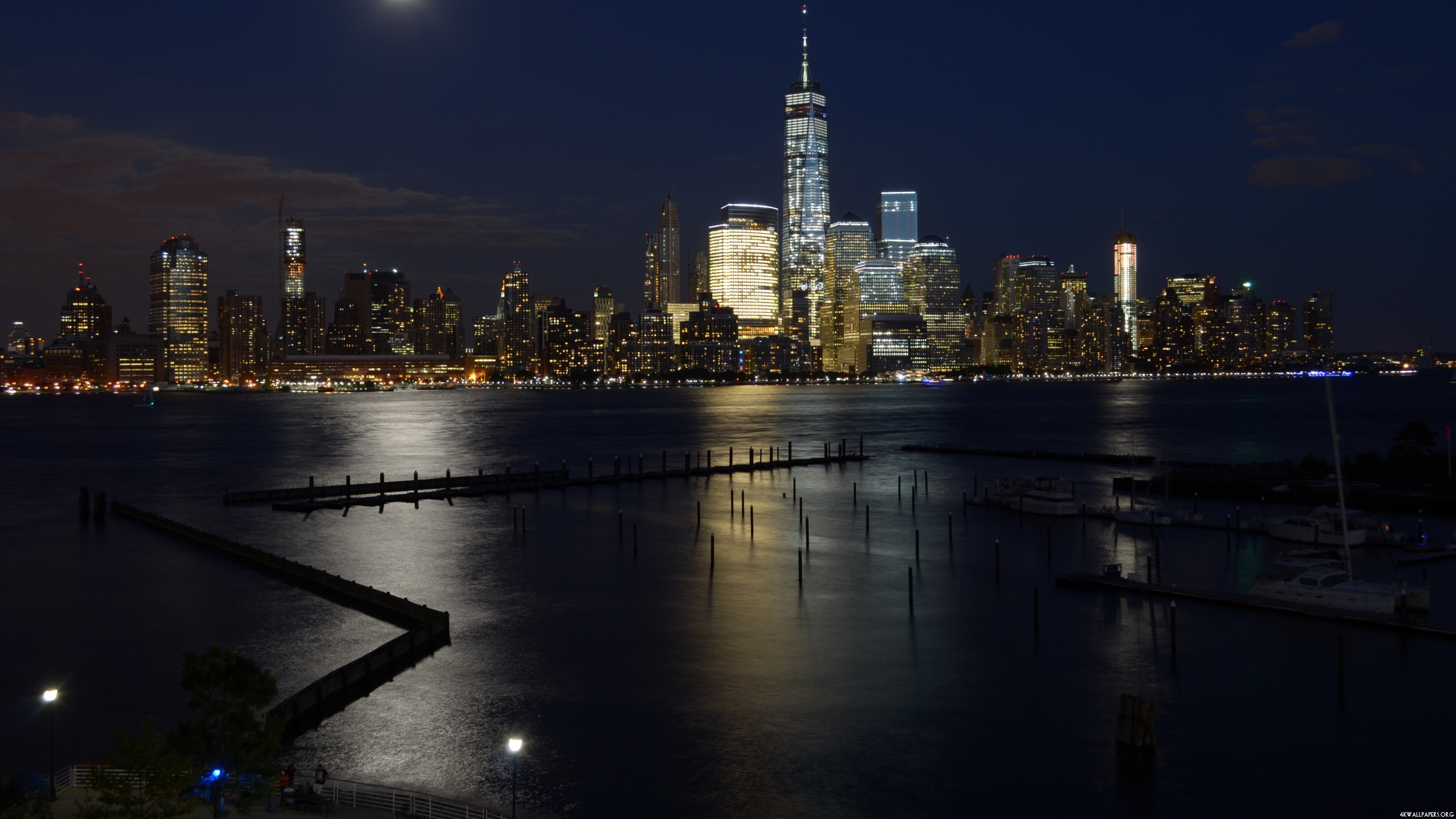 City Cityscape Night Water Lights Reflection Building Skyscraper New York City USA Manhattan Yachts  3840x2160