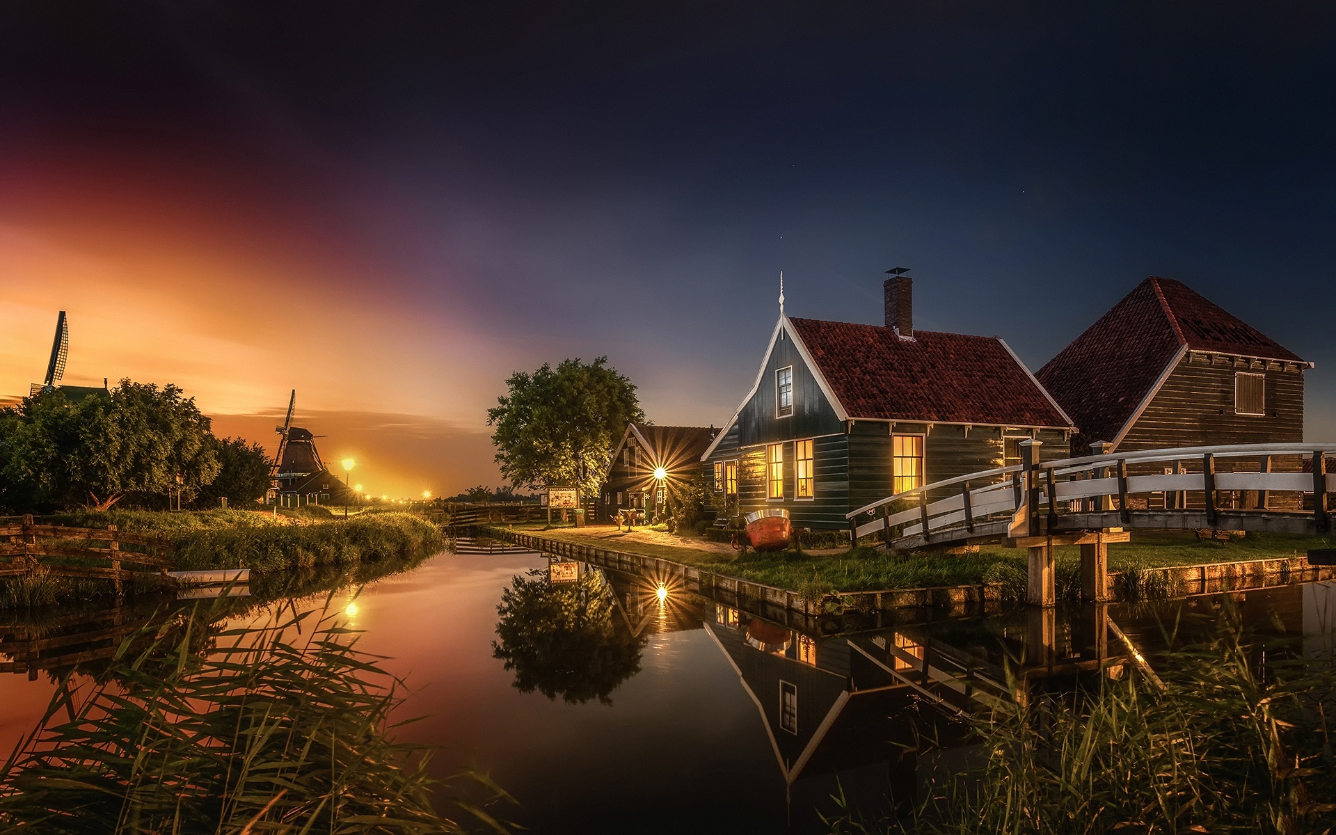 Villages Sunset HDR Lights Reflection Water Nature Windmill 1920x1200