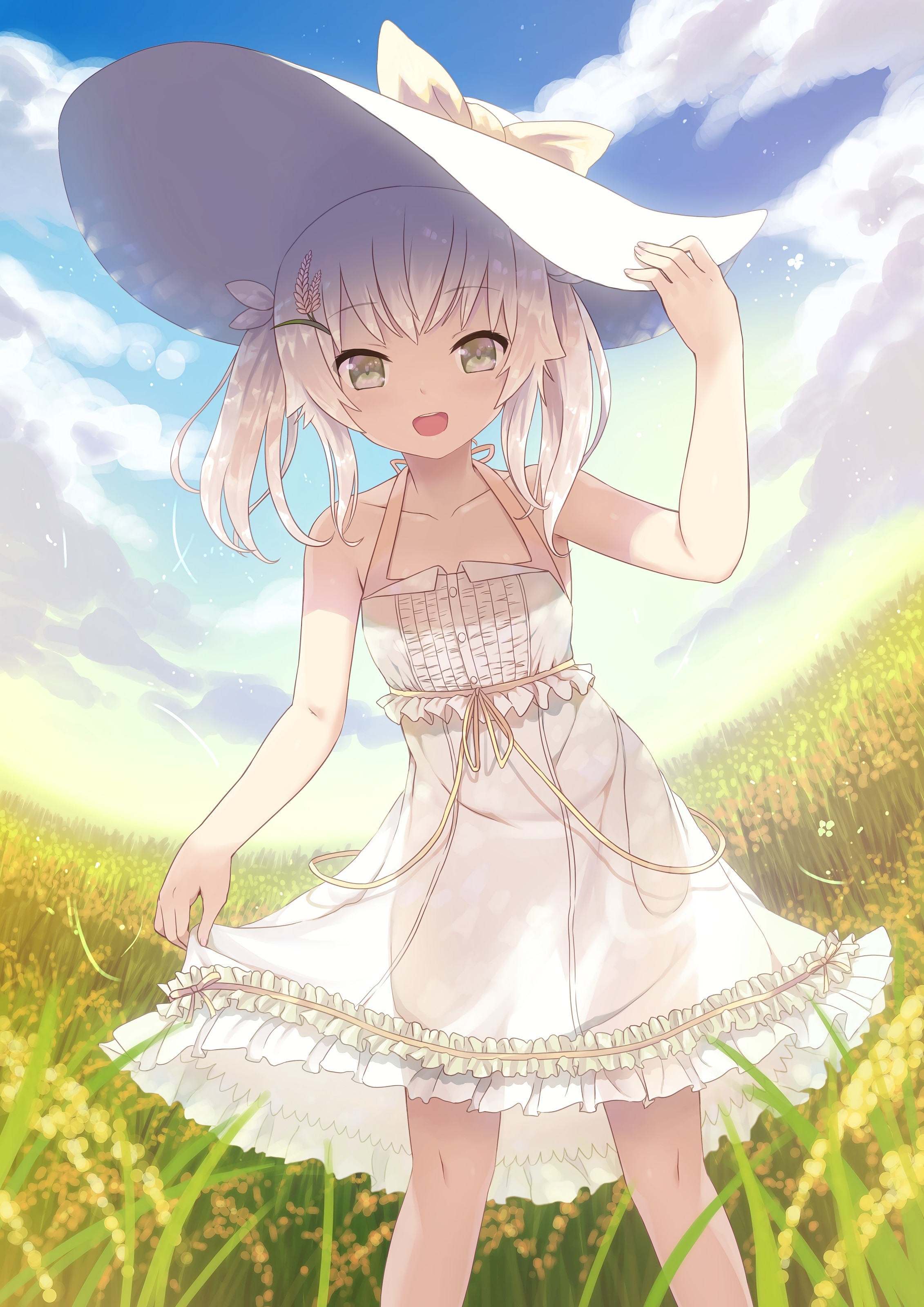 Anime Anime Girls Field Dress White Dress Looking At Viewer Smiling Gray Eyes White Hair Short Hair  2262x3200