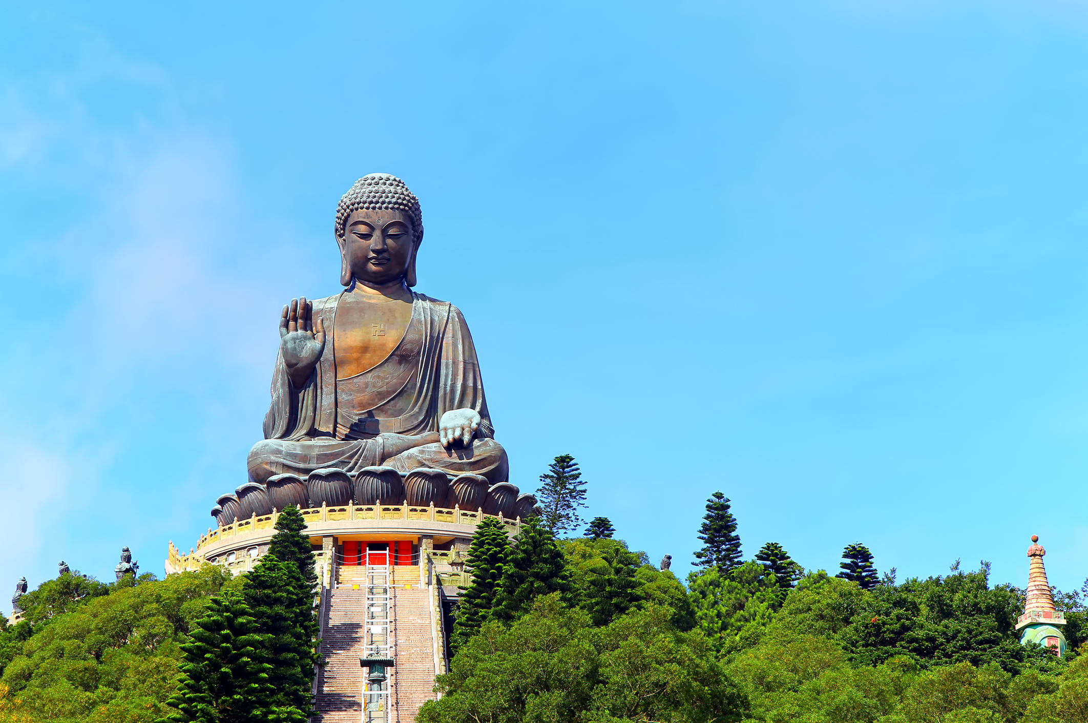 Buddha Buddhism Tian Tan Buddha Statue Hong Kong Meditation Swastika Stairs Trees Forest Clear Sky 2124x1411