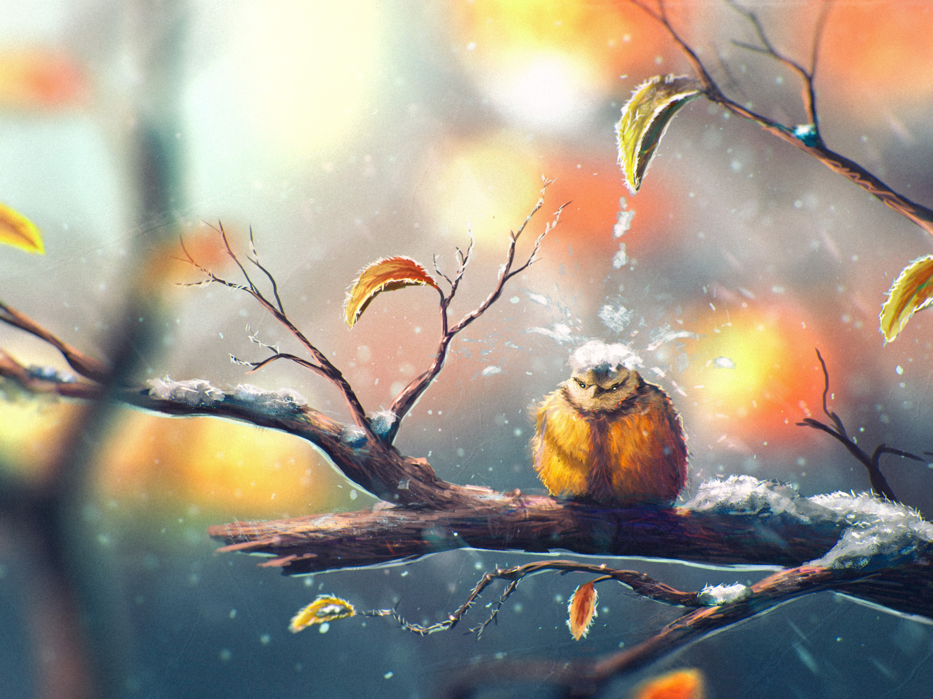 Drawing Nature Animals Winter Snow Sylar Birds Leaves Fall Titmouse Branch 3200x2400