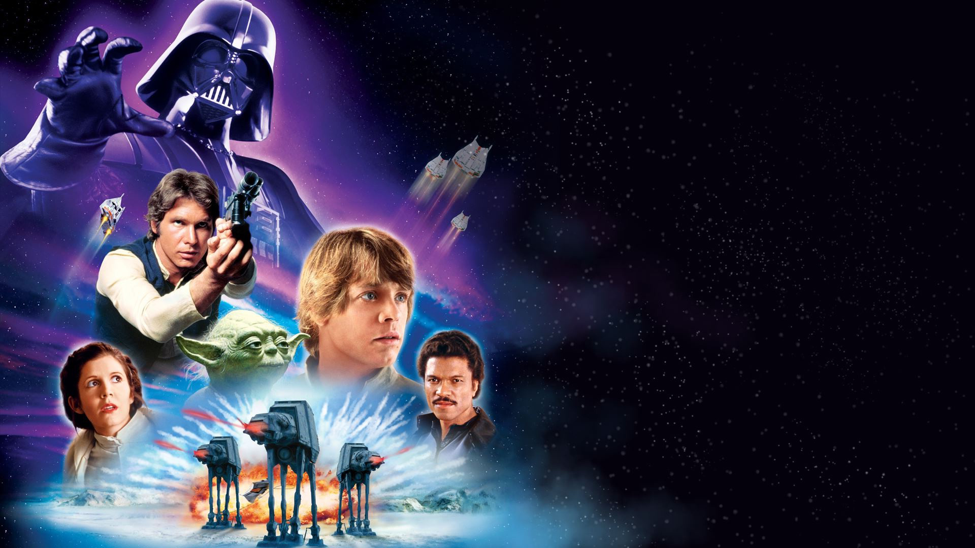 Darth Vader Han Solo Luke Skywalker Lando Calrissian Yoda Princess Leia AT AT Walker 1920x1080