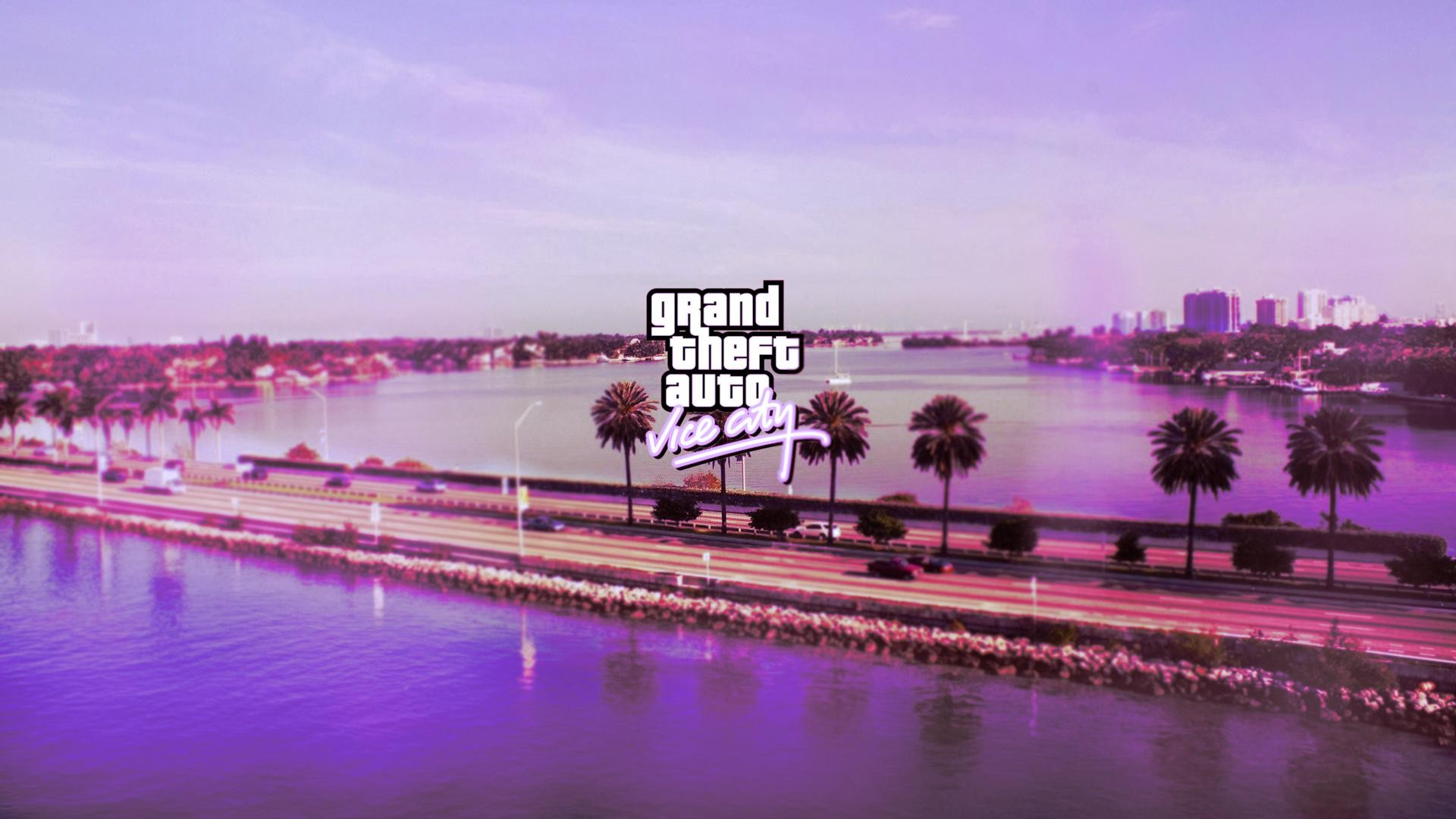 Grand Theft Auto Vice City Road Pink Logo Sea Lake PC Gaming Grand Theft Auto 1920x1080