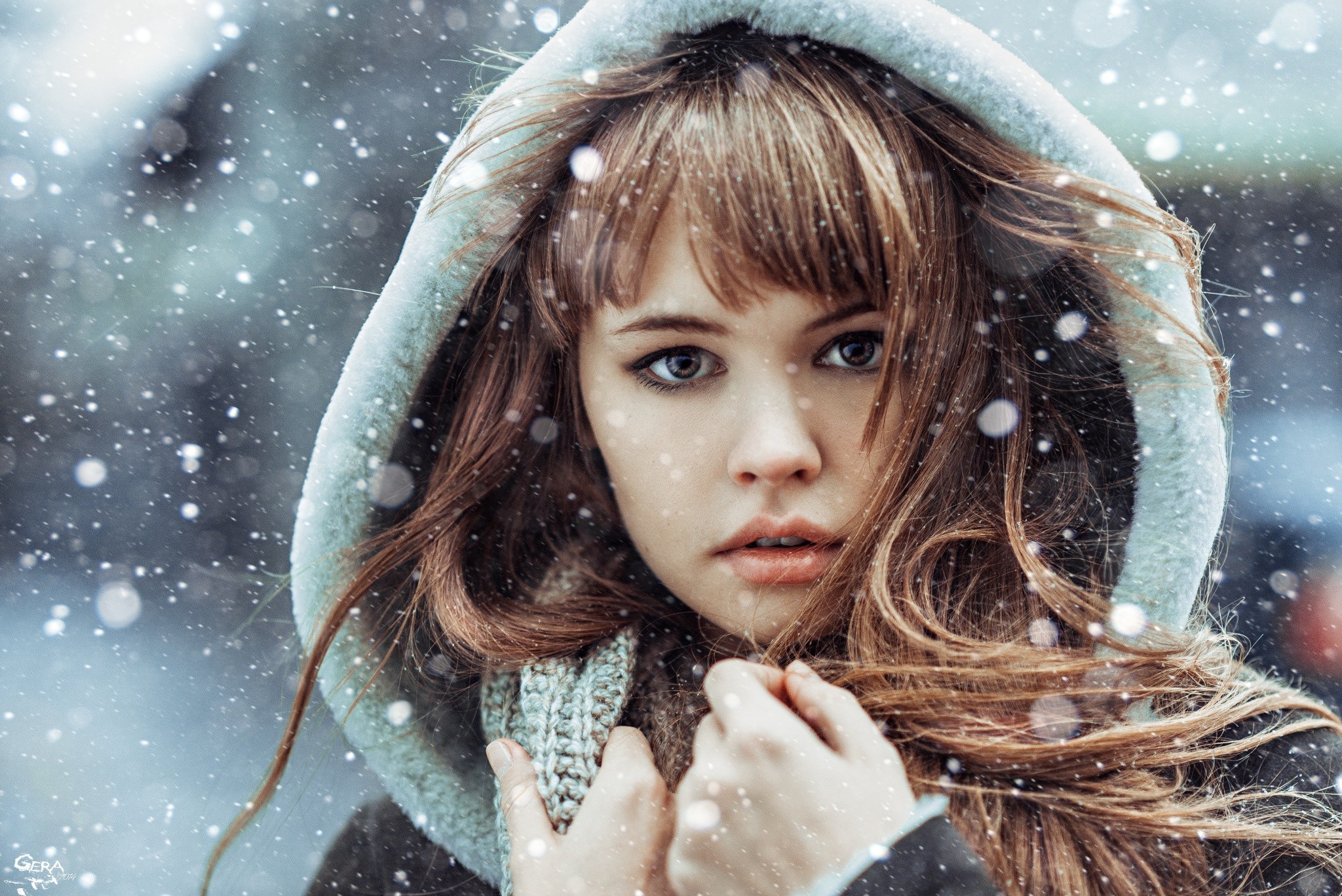 Women Model Hoods Winter Brunette Looking At Viewer Snow Flakes 2048x1367