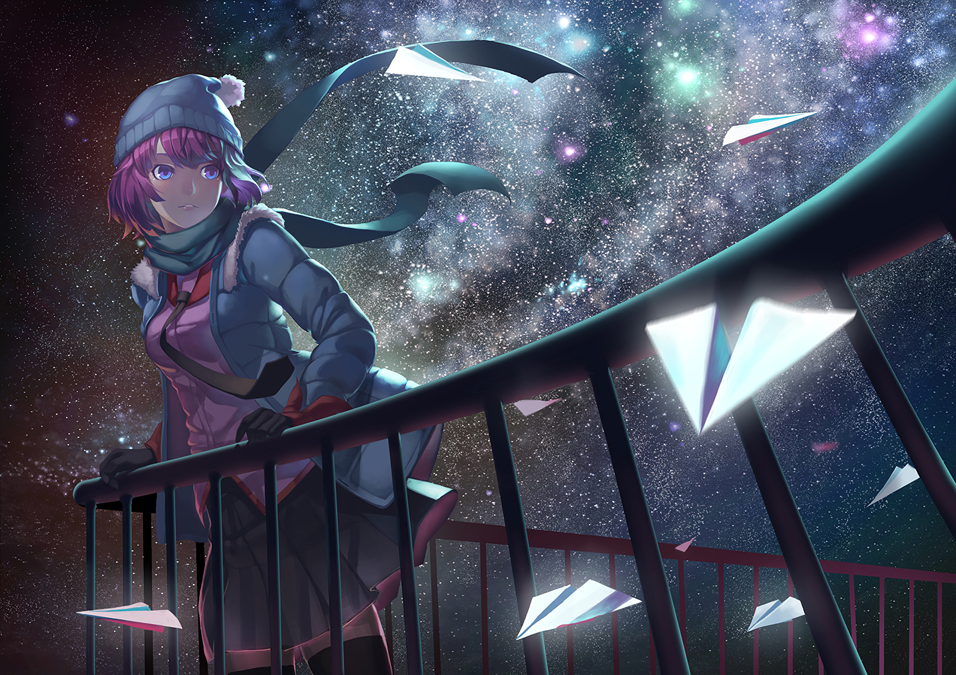 Hitagi Senj Gahara Bakemonogatari Monogatari Series Girl Fence Paper Plane Short Hair Blue Eyes Hat  1920x1357