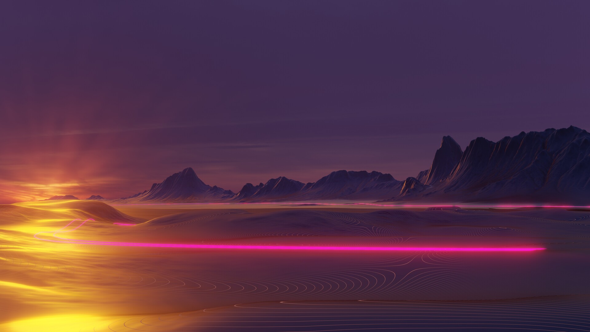 Artwork Retrowave Vaporwave Neon Neon Glow Sunset Mountains Sand Desert Landscape Digital 3D Science 1920x1080