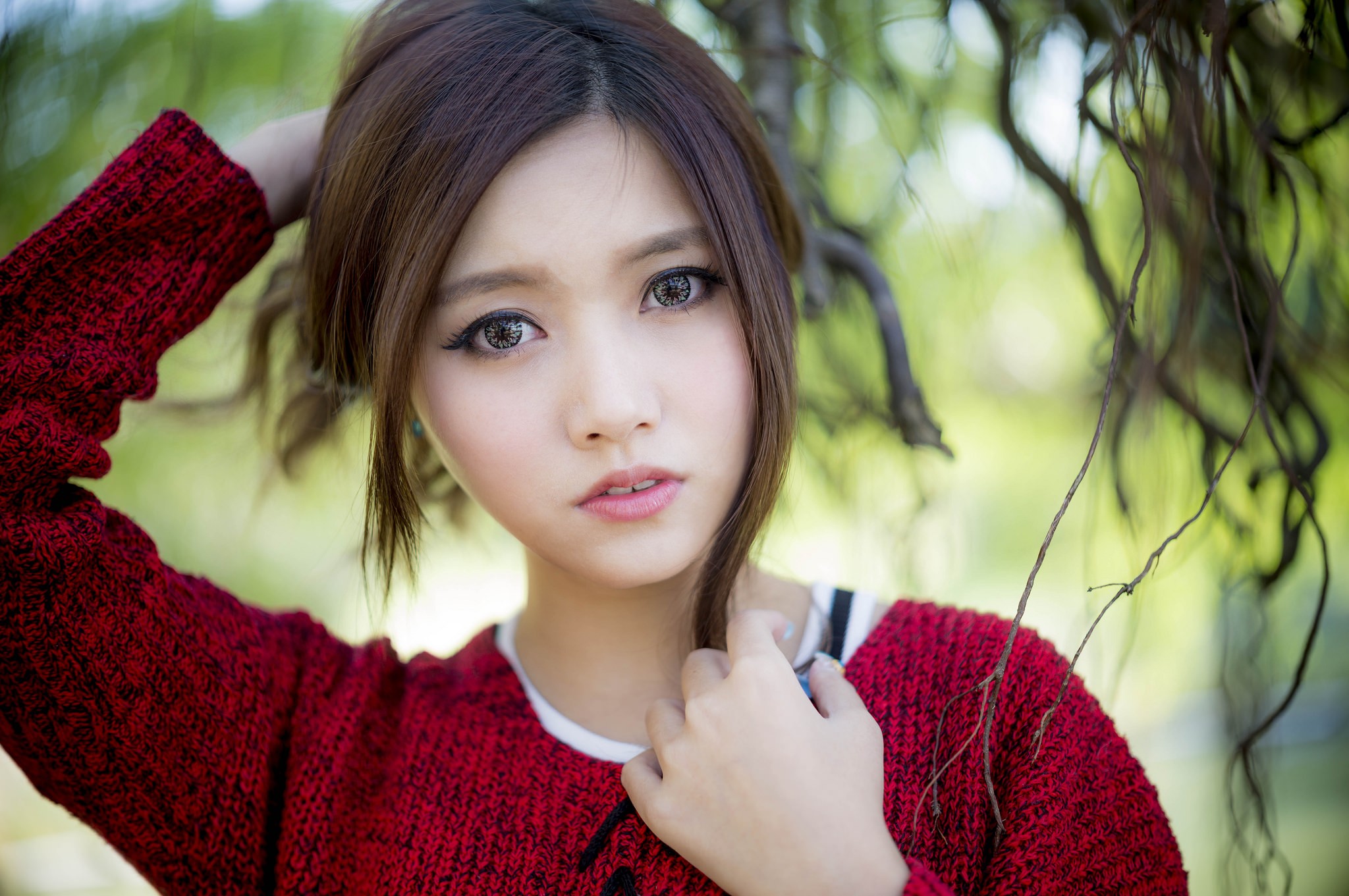 Sweater Red Sweater Asian Women Looking At Viewer Contact Lenses Big Eye Contact Lenses Blurred Touc 2048x1361