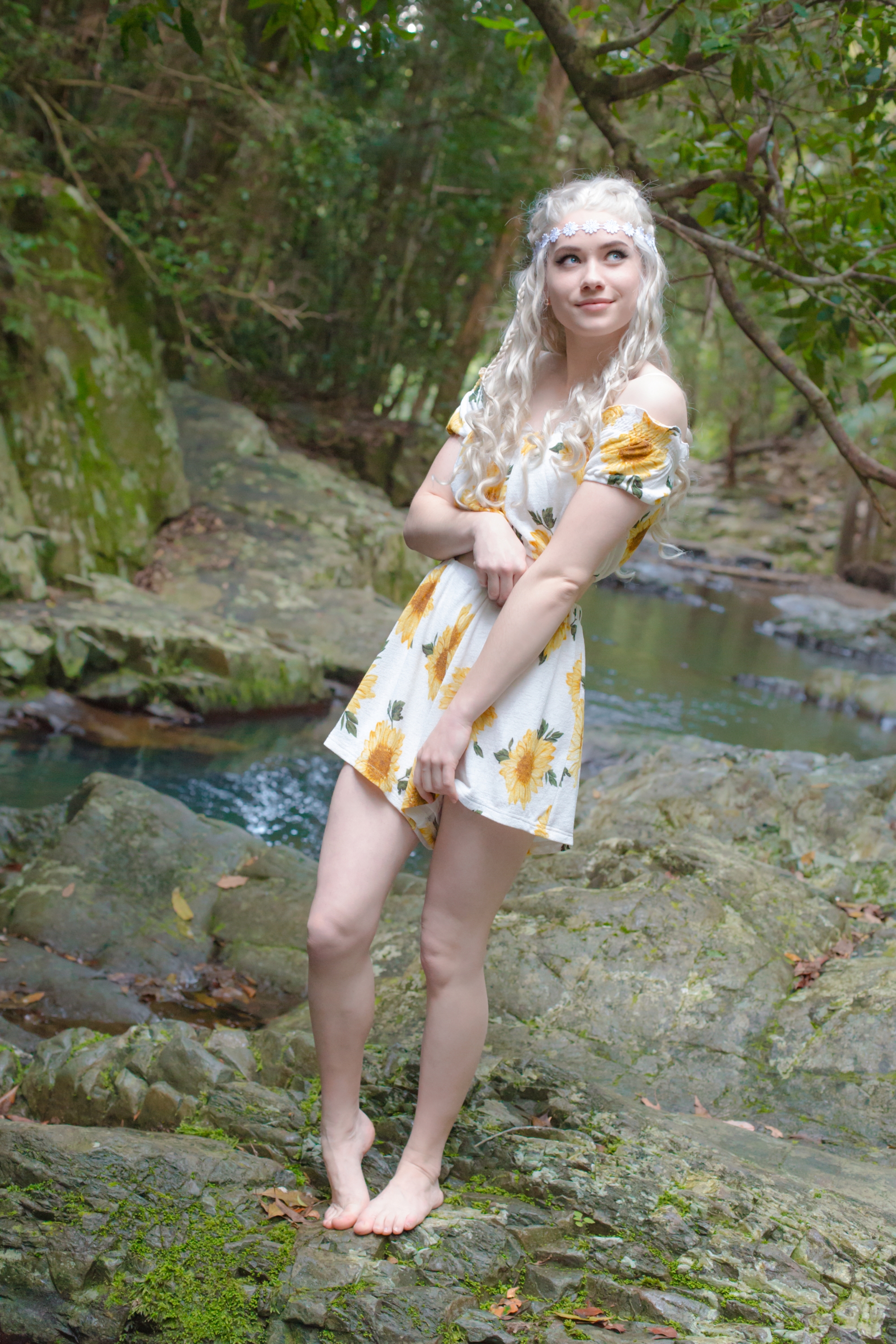 Nichameleon Women Model Silver Hair Looking Away Crop Top Skirt Barefoot Stream Water Rocks Trees Wo 2000x3000