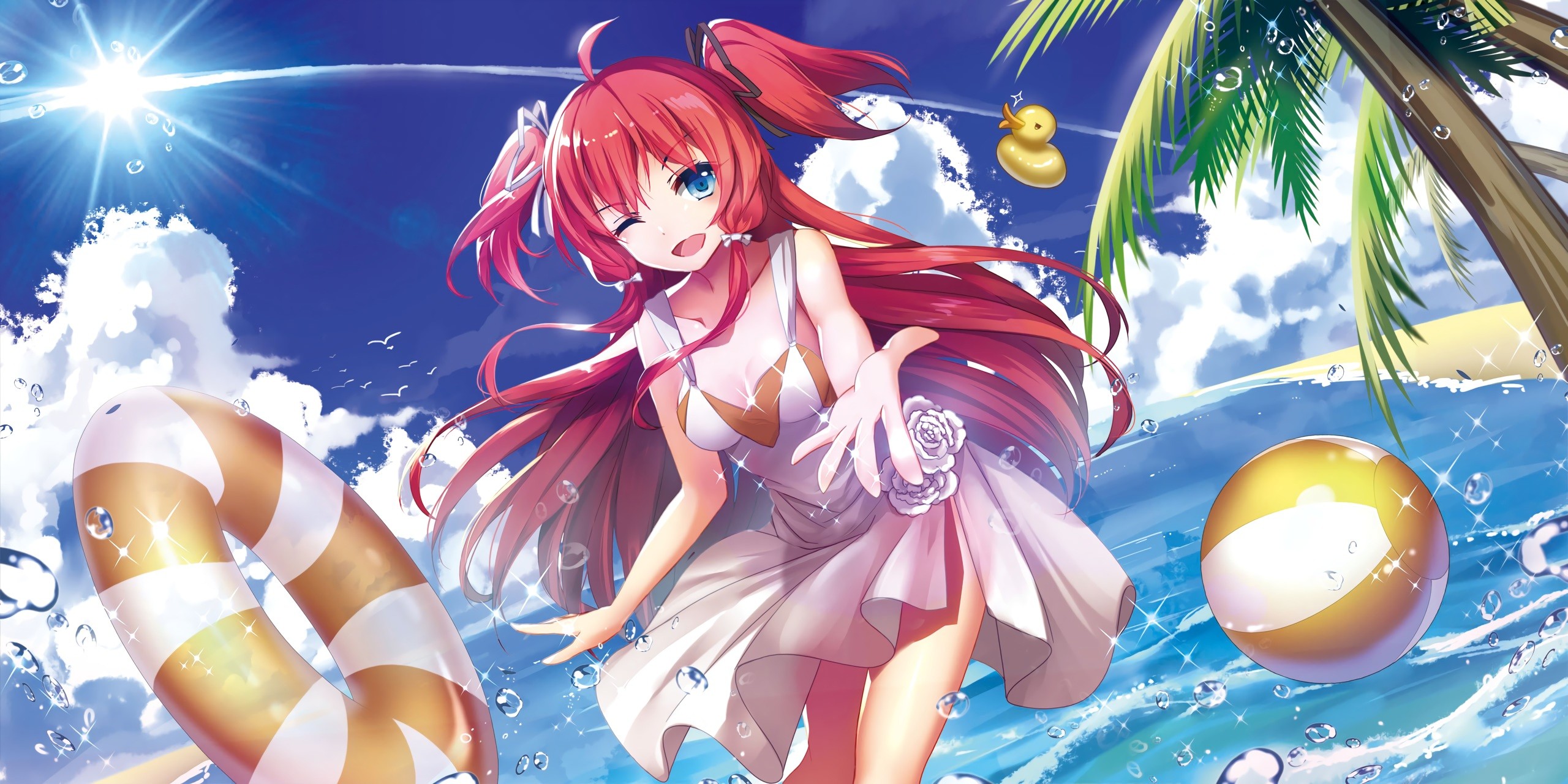 Anime Girls Original Characters Redhead Winking Blue Eyes Long Hair Beach Water Dress Inflatable Rin 2560x1280