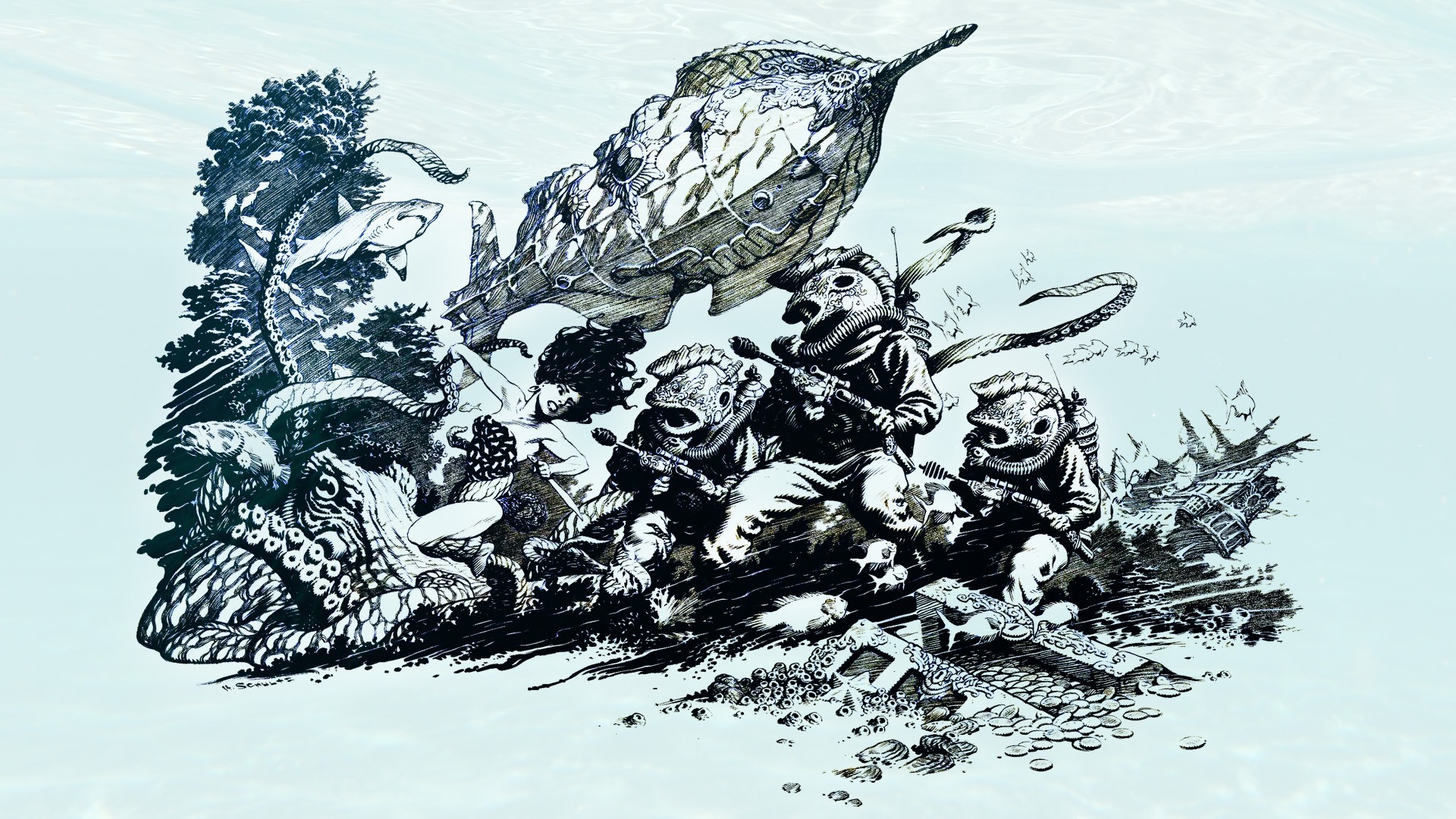 Digital Art Illustration 20000 Leagues Under The Sea Jules Verne Underwater Sea Drawing Divers Fish  1920x1080