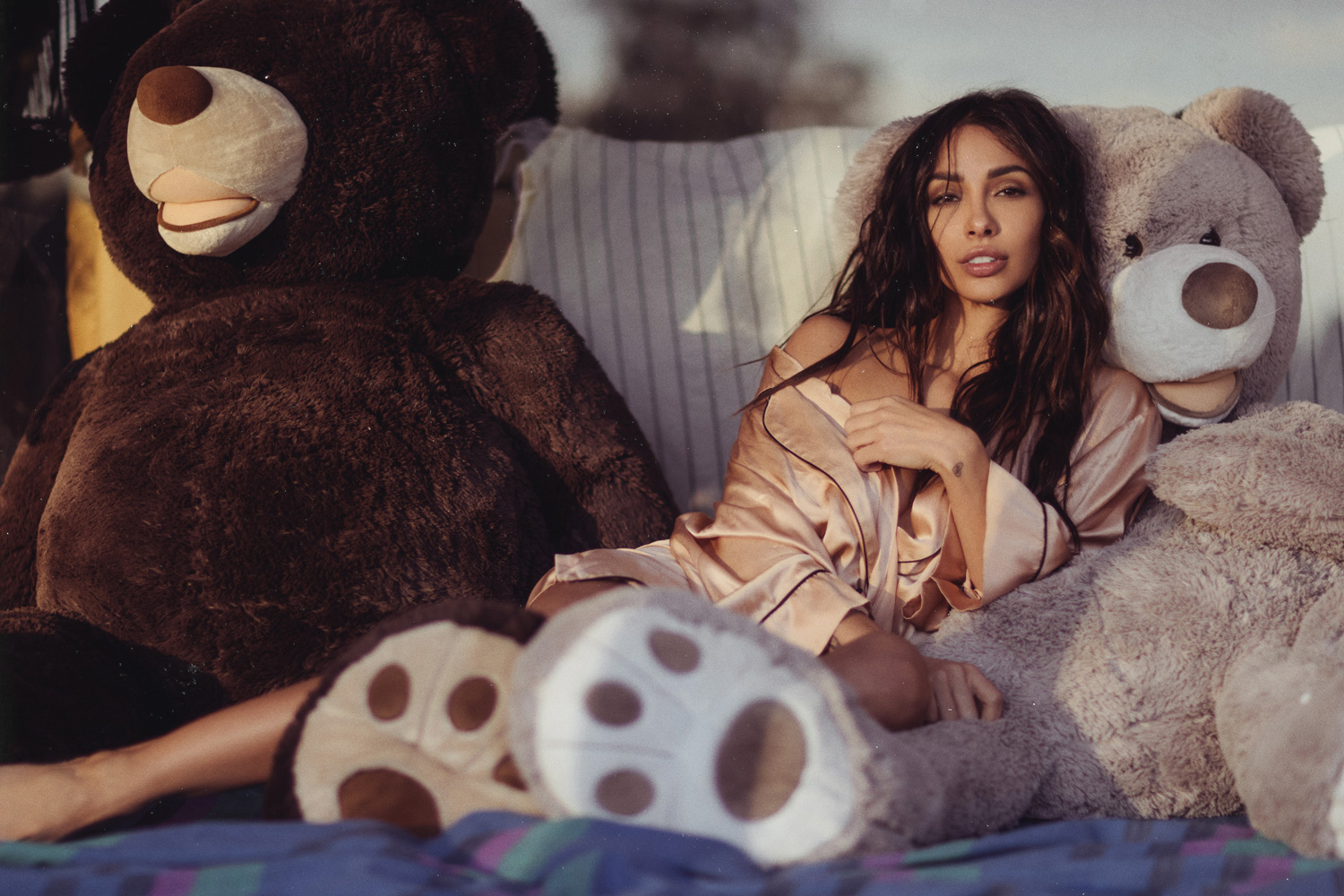 Women Model Brunette Bathrobes Teddy Bears In Bed Looking At Viewer Michele Maturo 1500x1000
