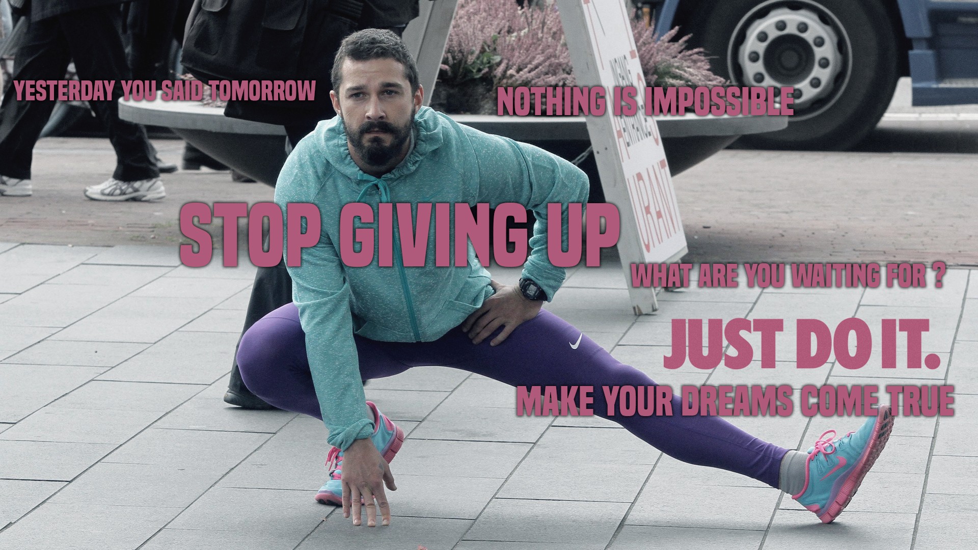 Shia LaBeouf Memes Beards Men Text Nike Stretching Actor Quote Humor Just Do It Pink 1920x1080
