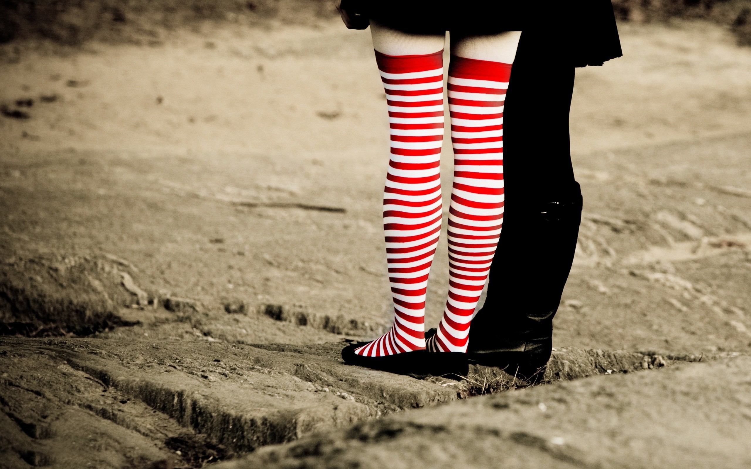 Women Striped Socks Legs Knee Highs Two Women 2560x1600