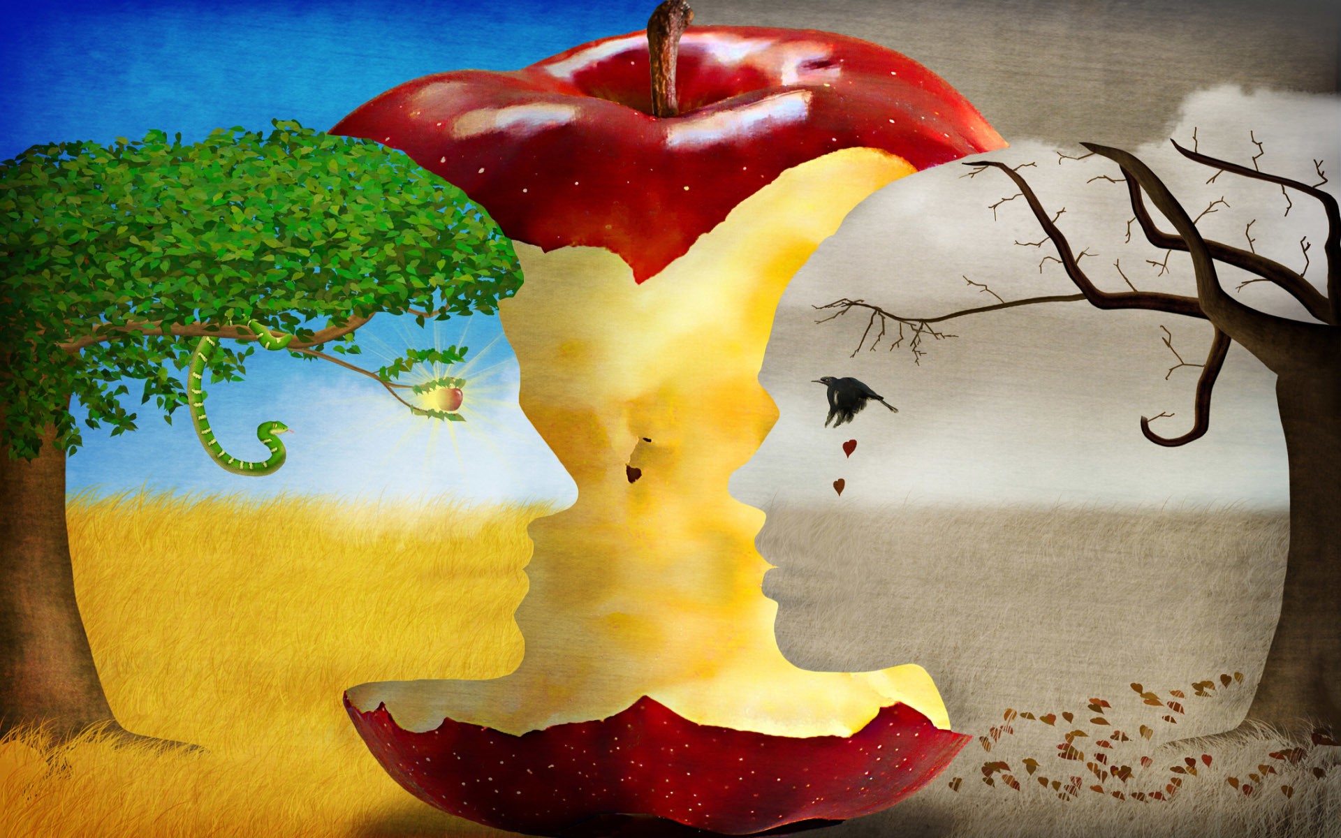 Digital Art Artwork Women Trees Apples Leaves Eyes Tears Snake Crow Summer Fall Field Fruit Birds Op 1920x1200