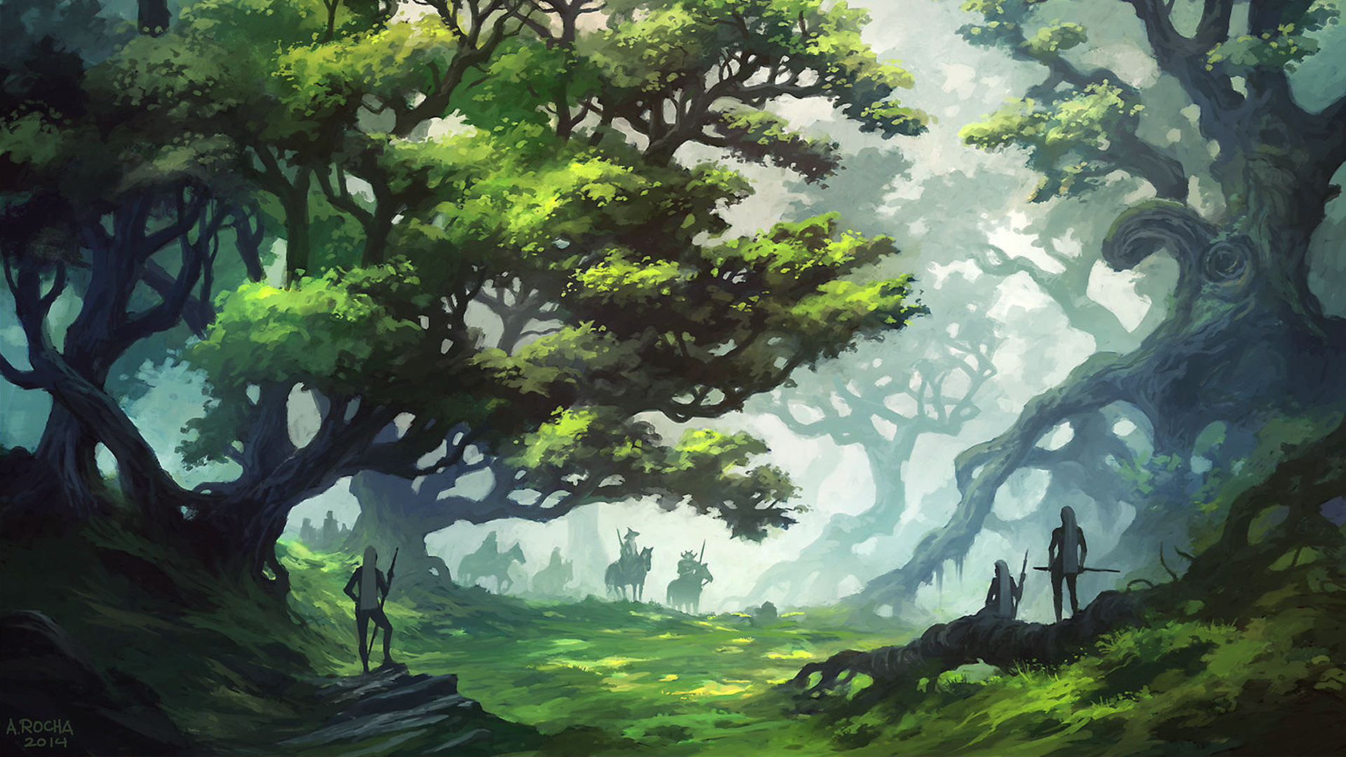 Andreas Rocha Artwork Digital Art Trees Forest Horse Riding Staff Standing Fantasy Art Grass Green 1920x1080